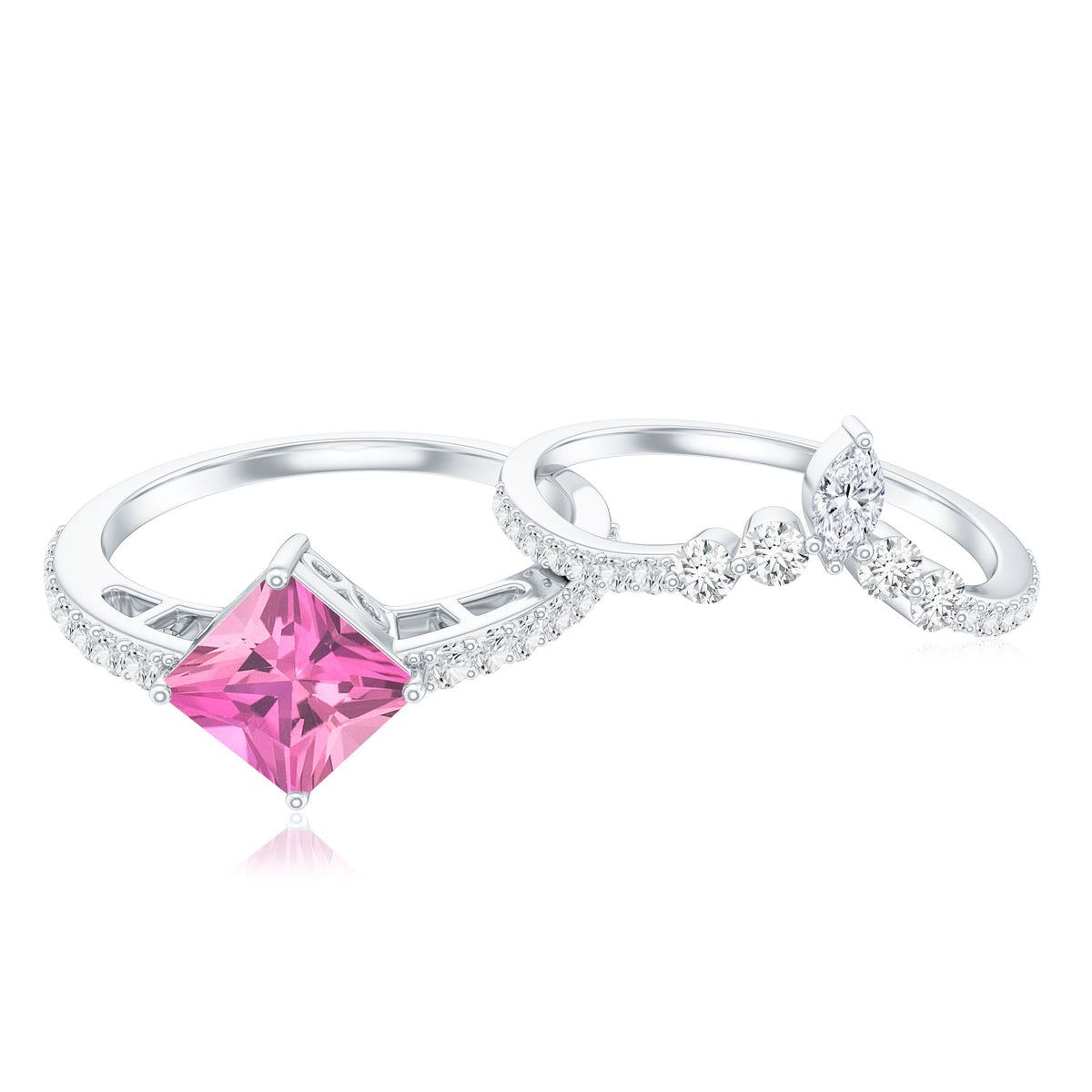 1 Carat Princess Cut Pink Tourmaline Wedding Ring Set with Diamonds