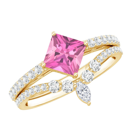 1 Carat Princess Cut Pink Tourmaline Wedding Ring Set with Diamonds