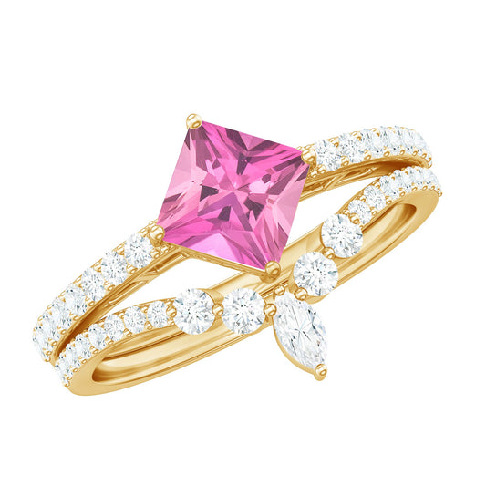1 Carat Princess Cut Pink tourmaline and Diamond Wedding Ring Set for Women