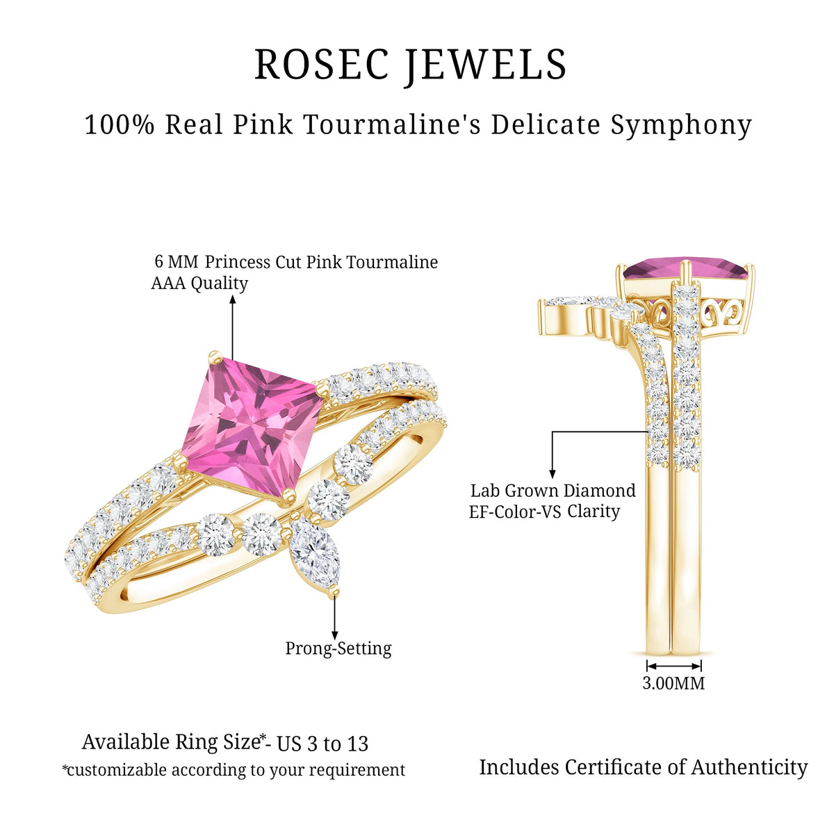 1 Carat Princess Cut Pink Tourmaline Wedding Ring Set with Diamonds