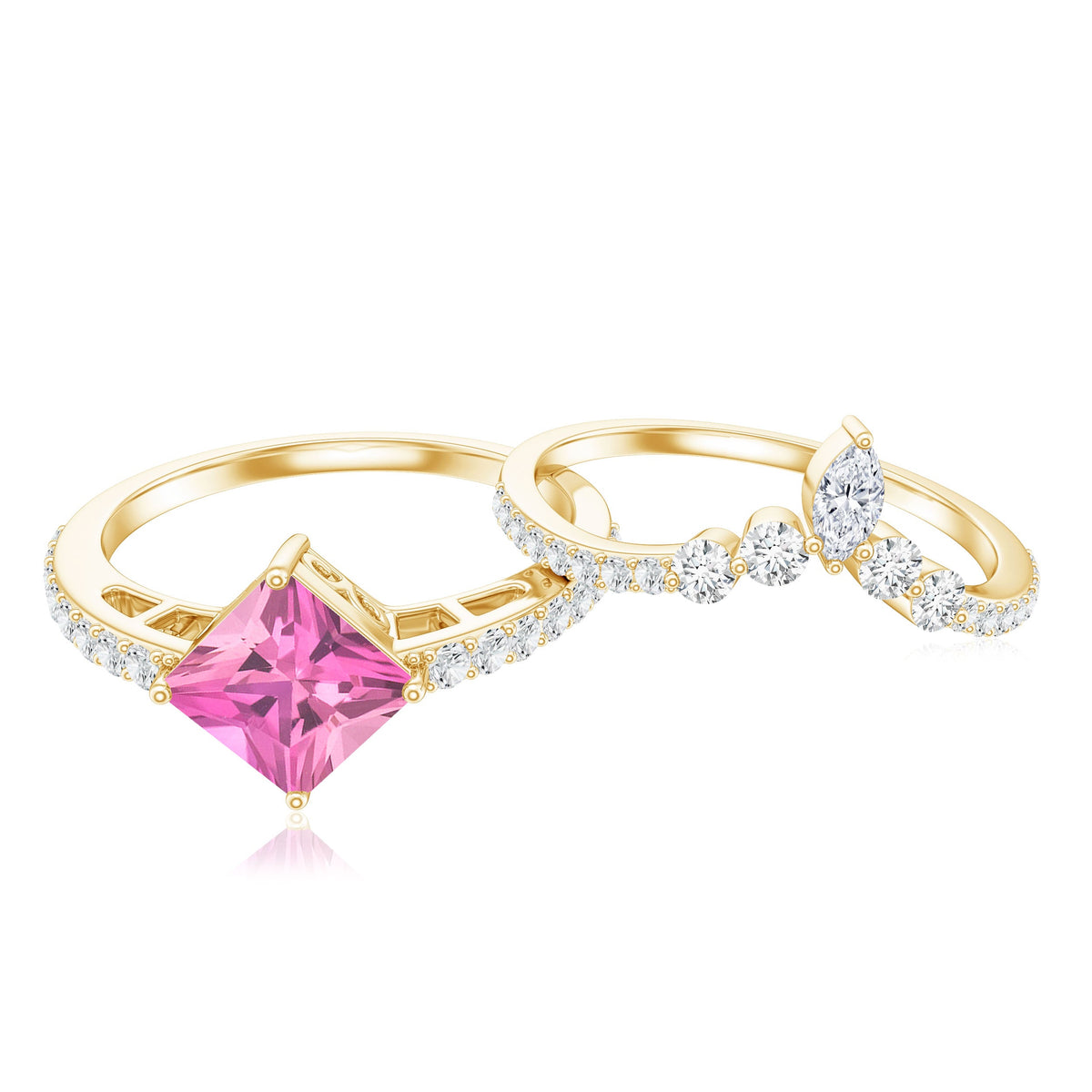 1 Carat Princess Cut Pink Tourmaline Wedding Ring Set with Diamonds
