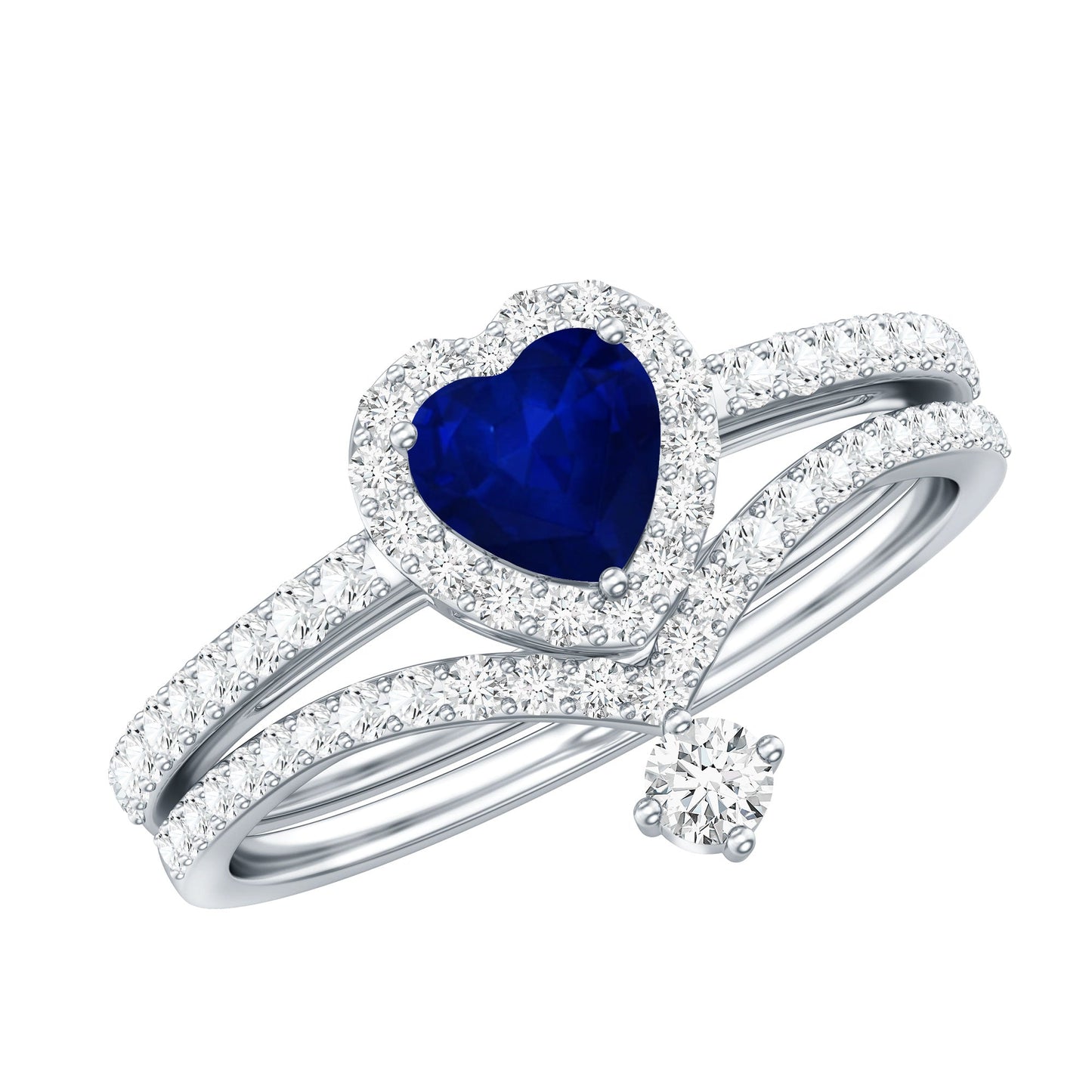 Real Heart Shape Blue Sapphire and Diamond Halo Wedding Ring Set