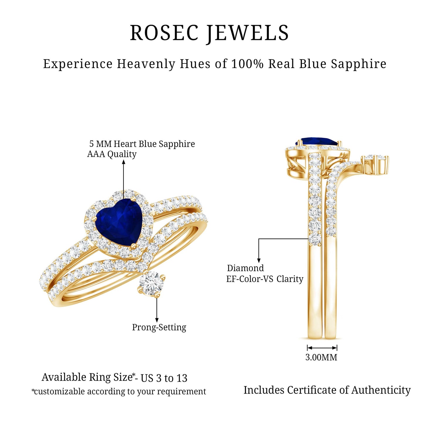 Real Heart Shape Blue Sapphire and Diamond Halo Wedding Ring Set