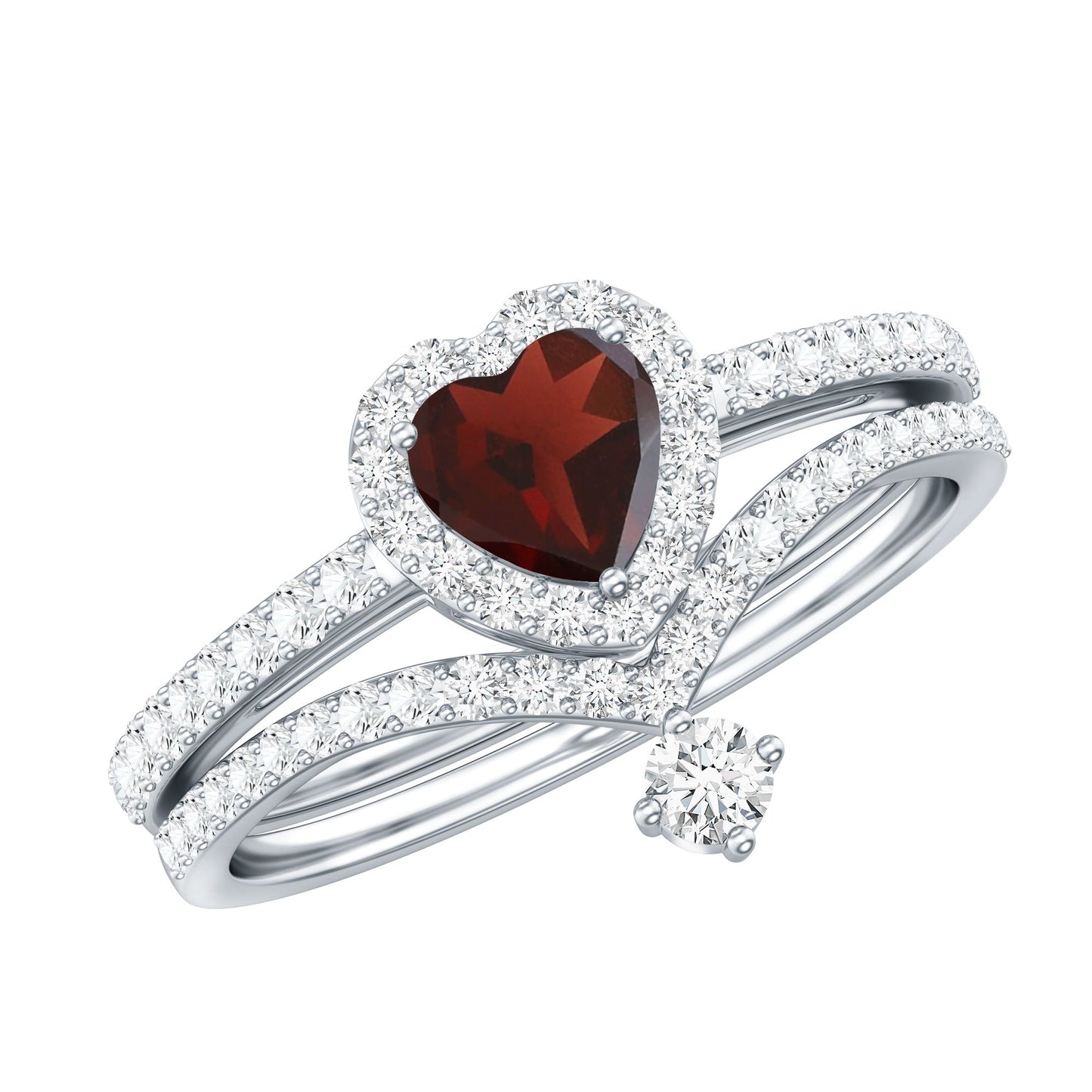 Natural Garnet Diamond Heart Engagement Ring Wedding Band Set