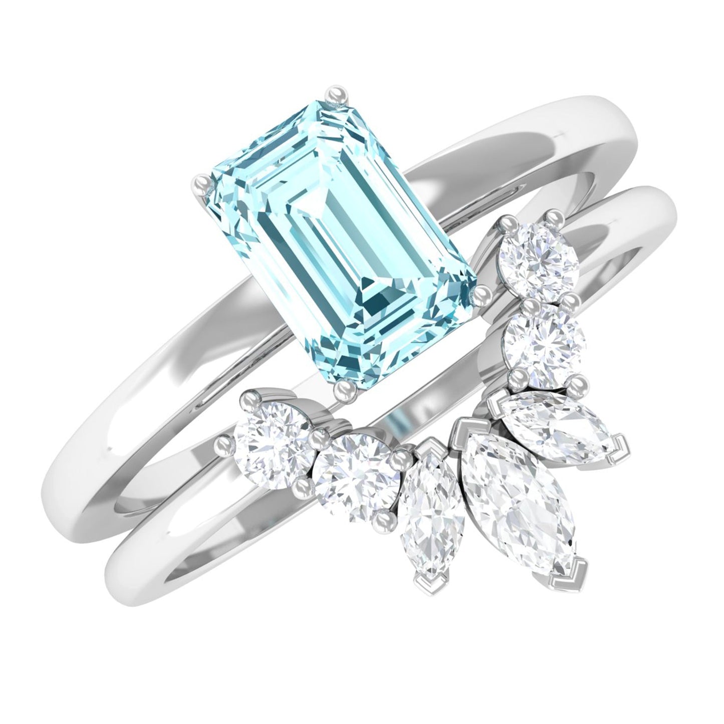 Natural Emerald Cut Aquamarine Engagement Ring with Diamond Wedding Band