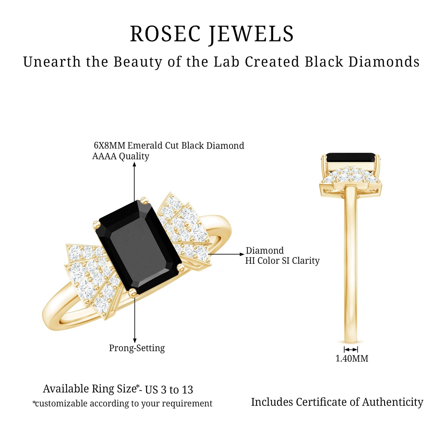 1.6 Carat Lab Grown Black Diamond Emerald Cut Engagement Ring with White Diamond Bow