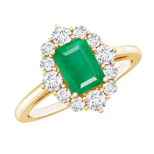 Certified Real Emerald Cut Emerald Engagement Ring with Diamond Halo
