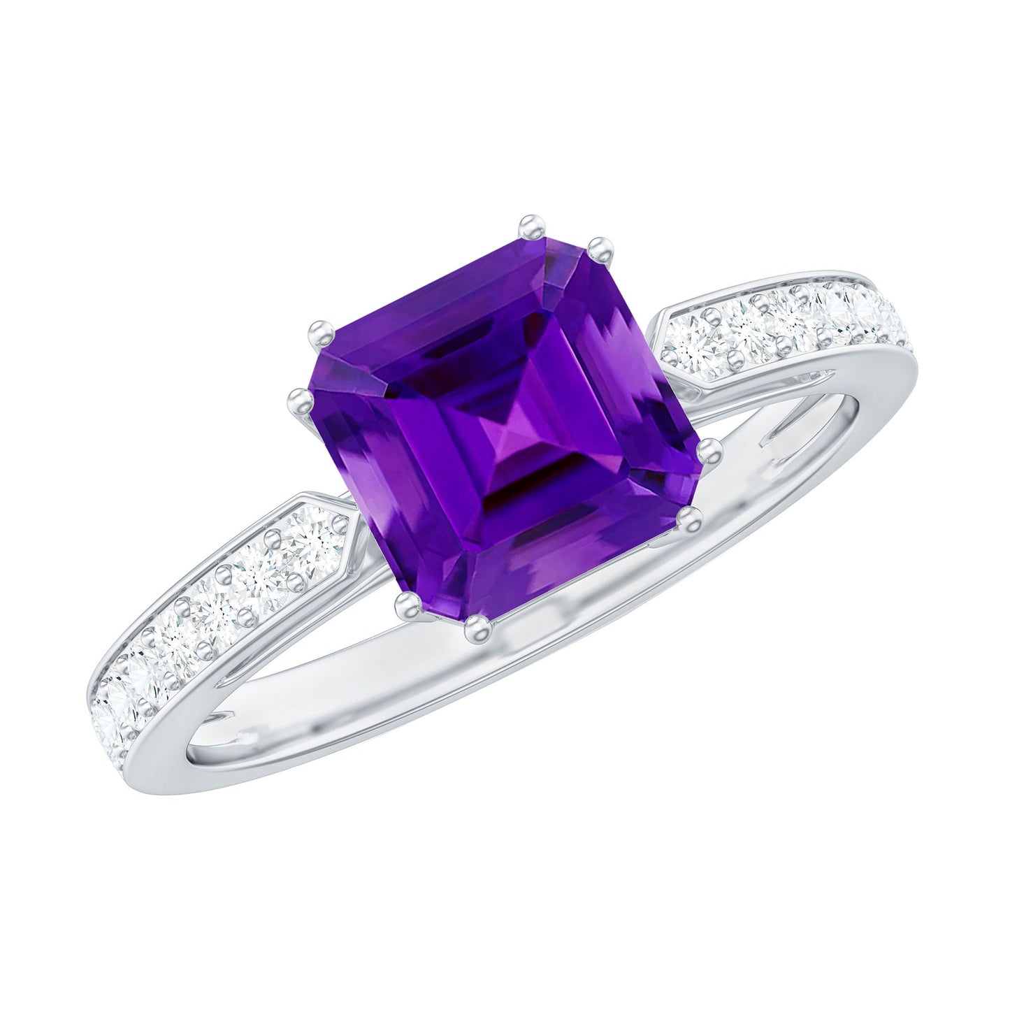 Real 3 Carat Amethyst Asscher Cut Engagement Ring with Diamond