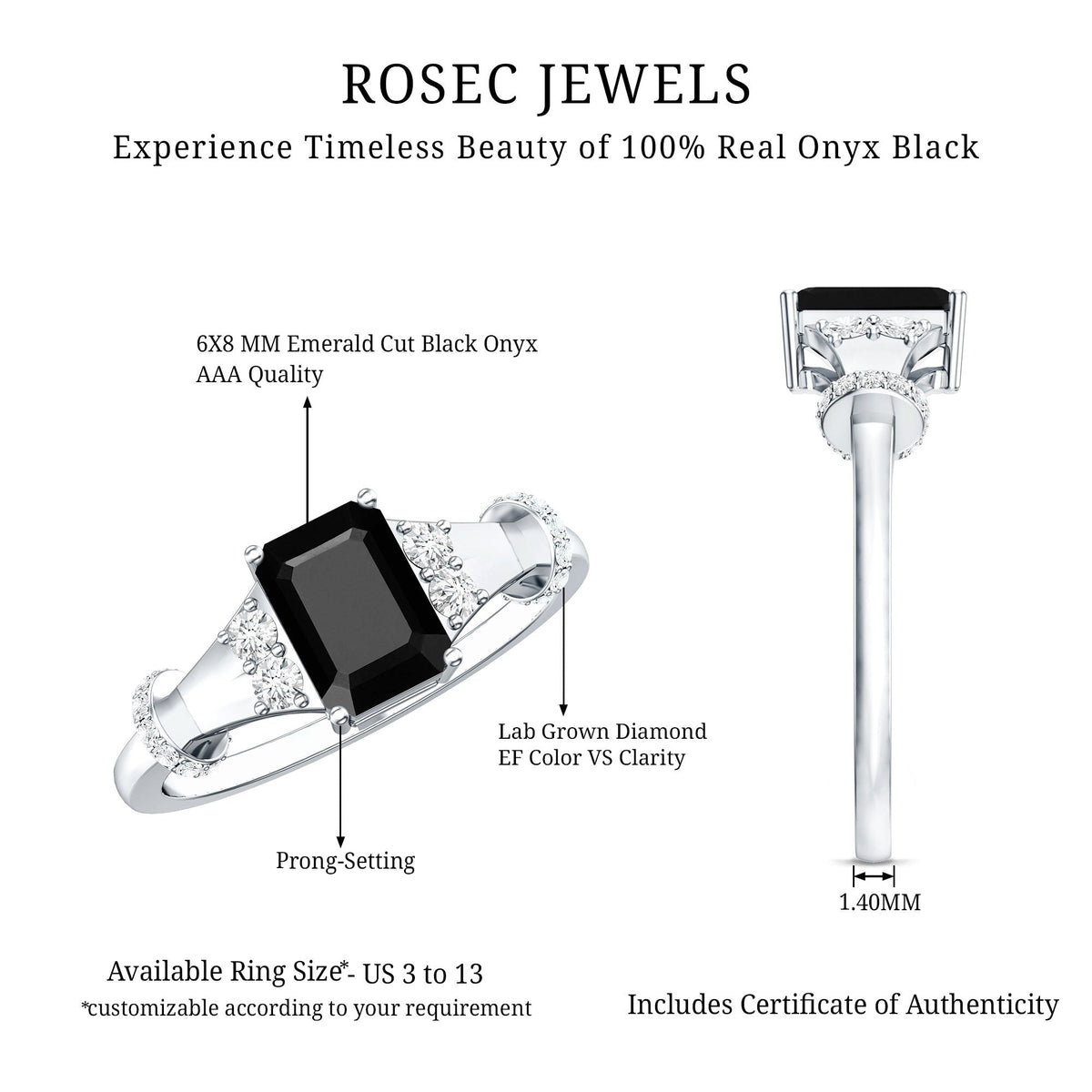 Emerald Cut Black Onyx Engagement Ring with Diamond