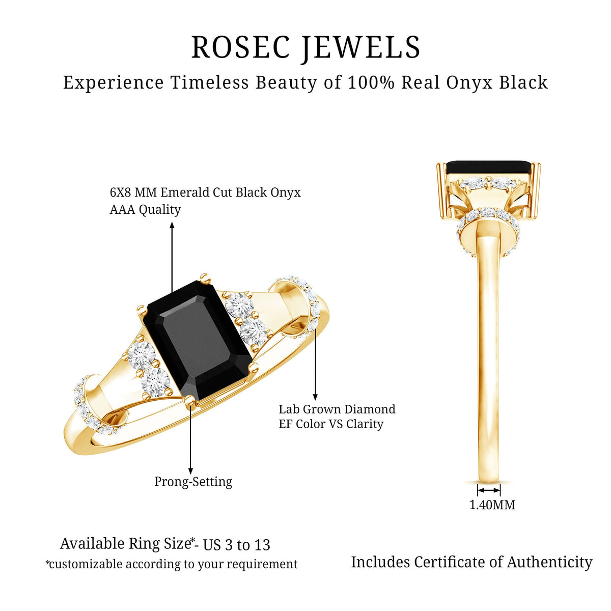 Emerald Cut Black Onyx Engagement Ring with Diamond