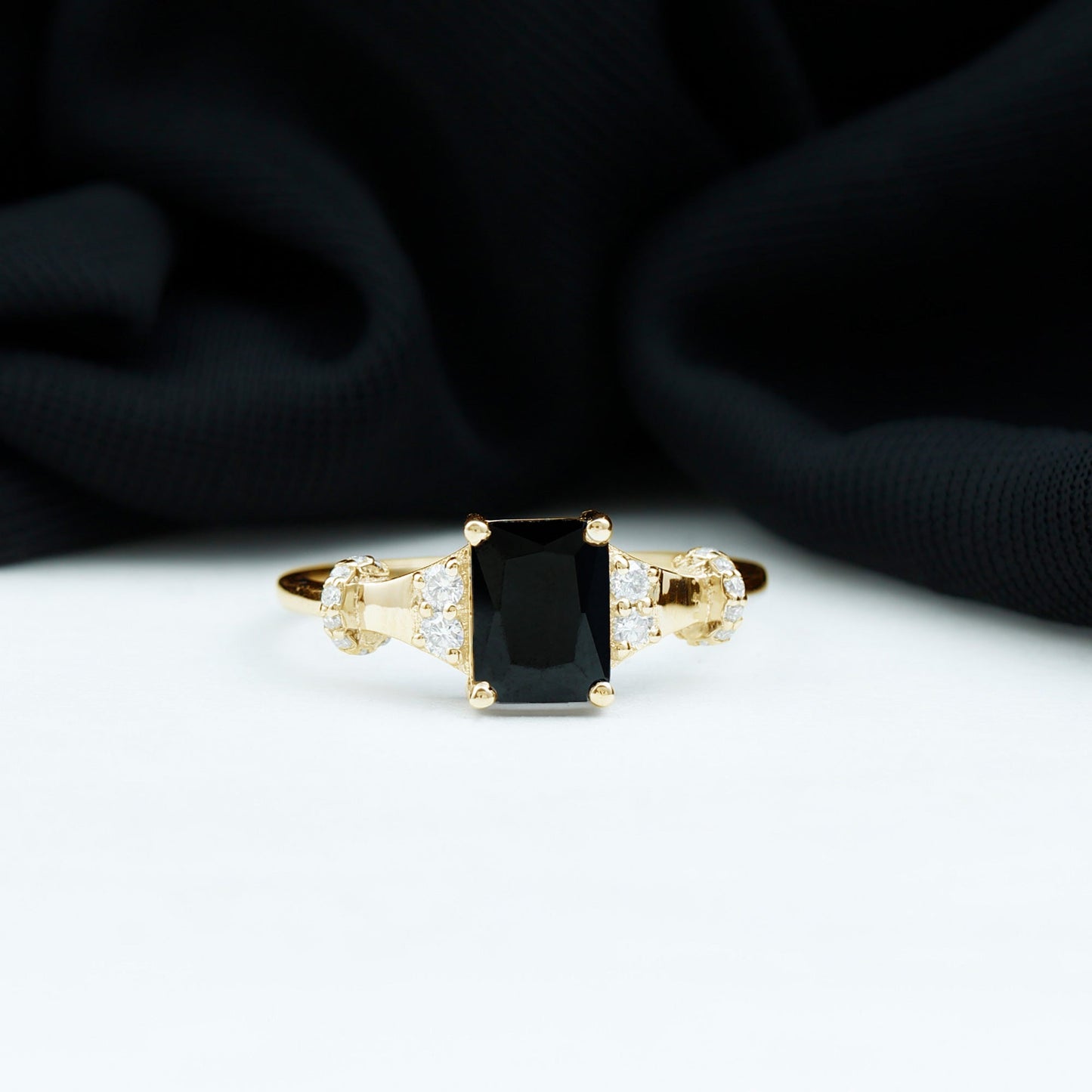 Emerald Cut Black Onyx Engagement Ring with Diamond