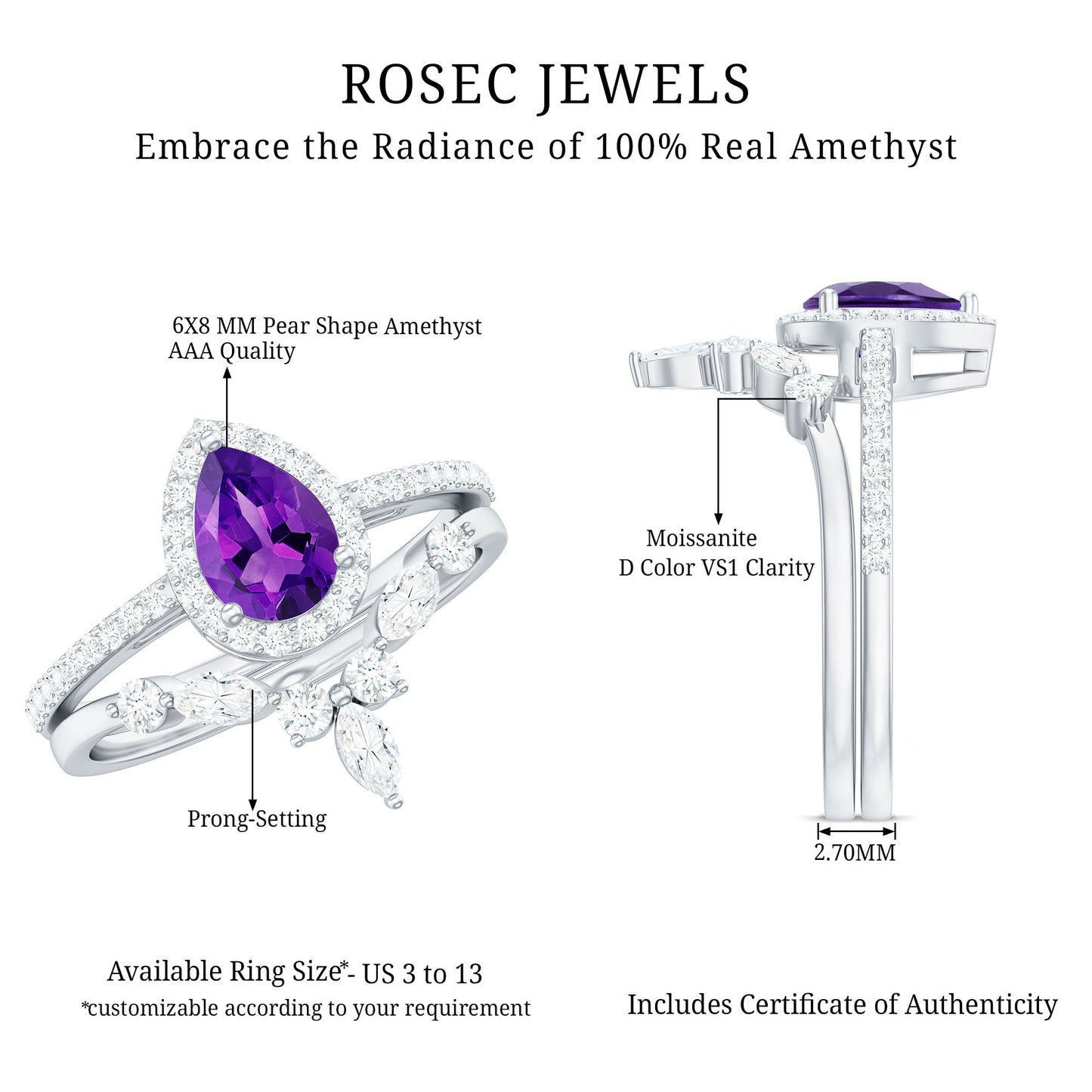 Natural Pear Shape Amethyst Wedding Bridal Ring Set with Certificate