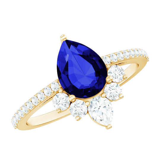 Certified 1.6 Carat Pear Lab Grown Blue Sapphire Designer Engagement Ring with Diamond