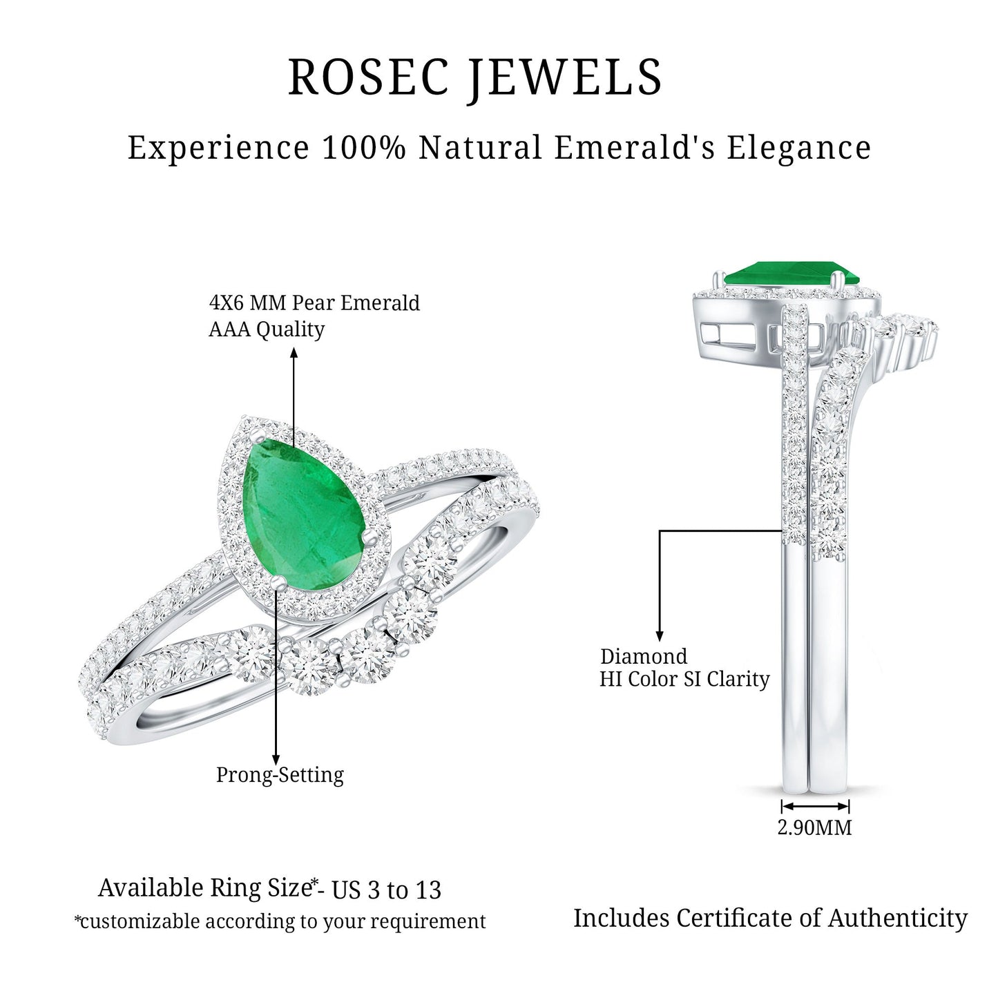 0.3 Carat Natural Emerald Diamond Pear Shaped Engagement Wedding Ring Set of 2