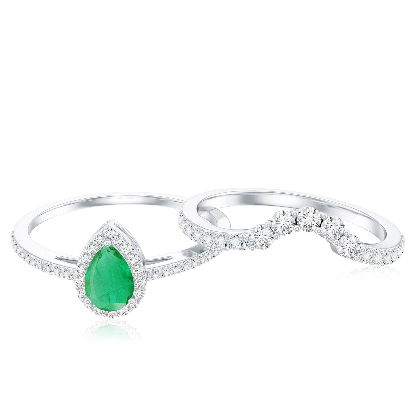 0.3 Carat Natural Emerald Diamond Pear Shaped Engagement Wedding Ring Set of 2