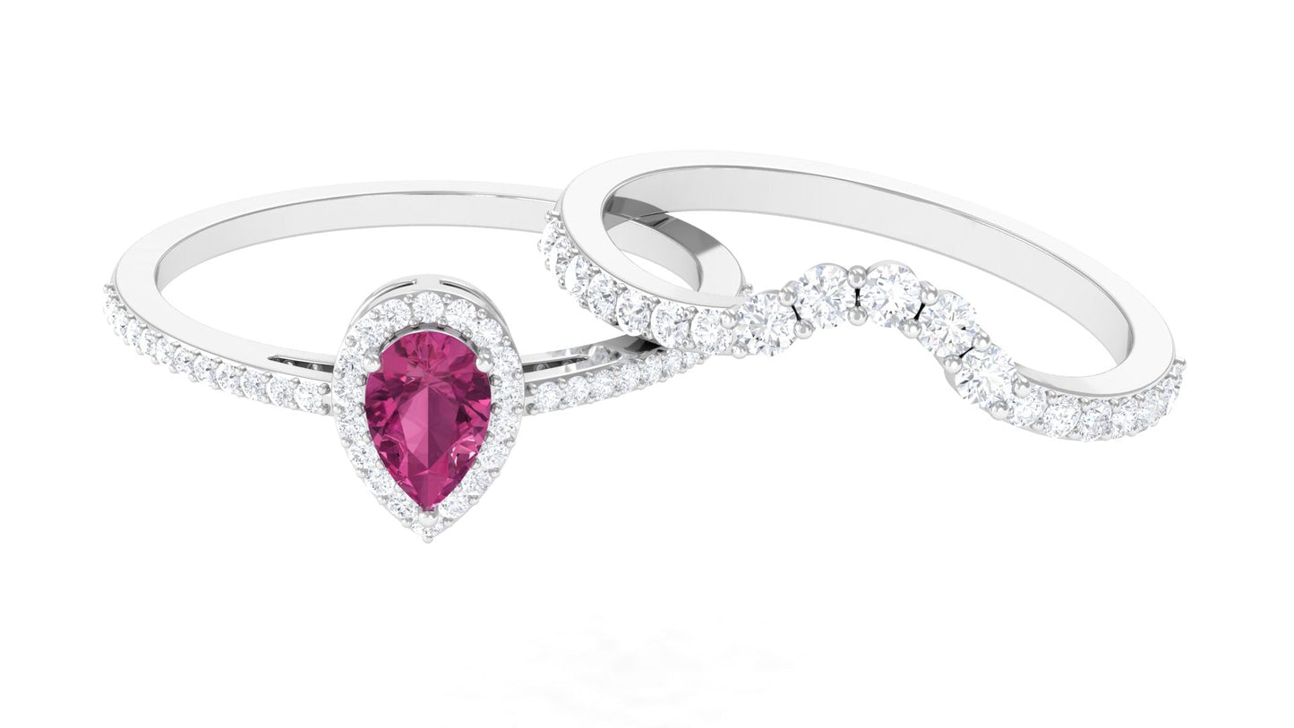 Pink tourmaline Designer Teardrop Ring Set with Moissanite Halo