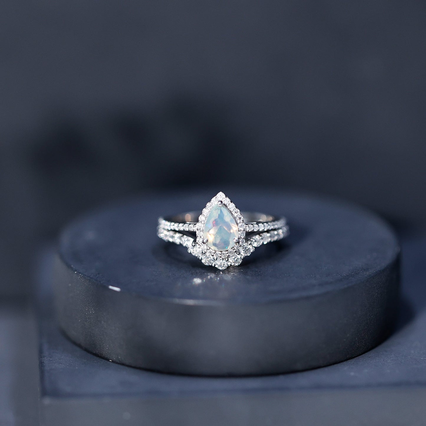 Certified 0.7 Carat Natural Ethiopian Opal Teardrop Wedding Engagement Ring Set of 2