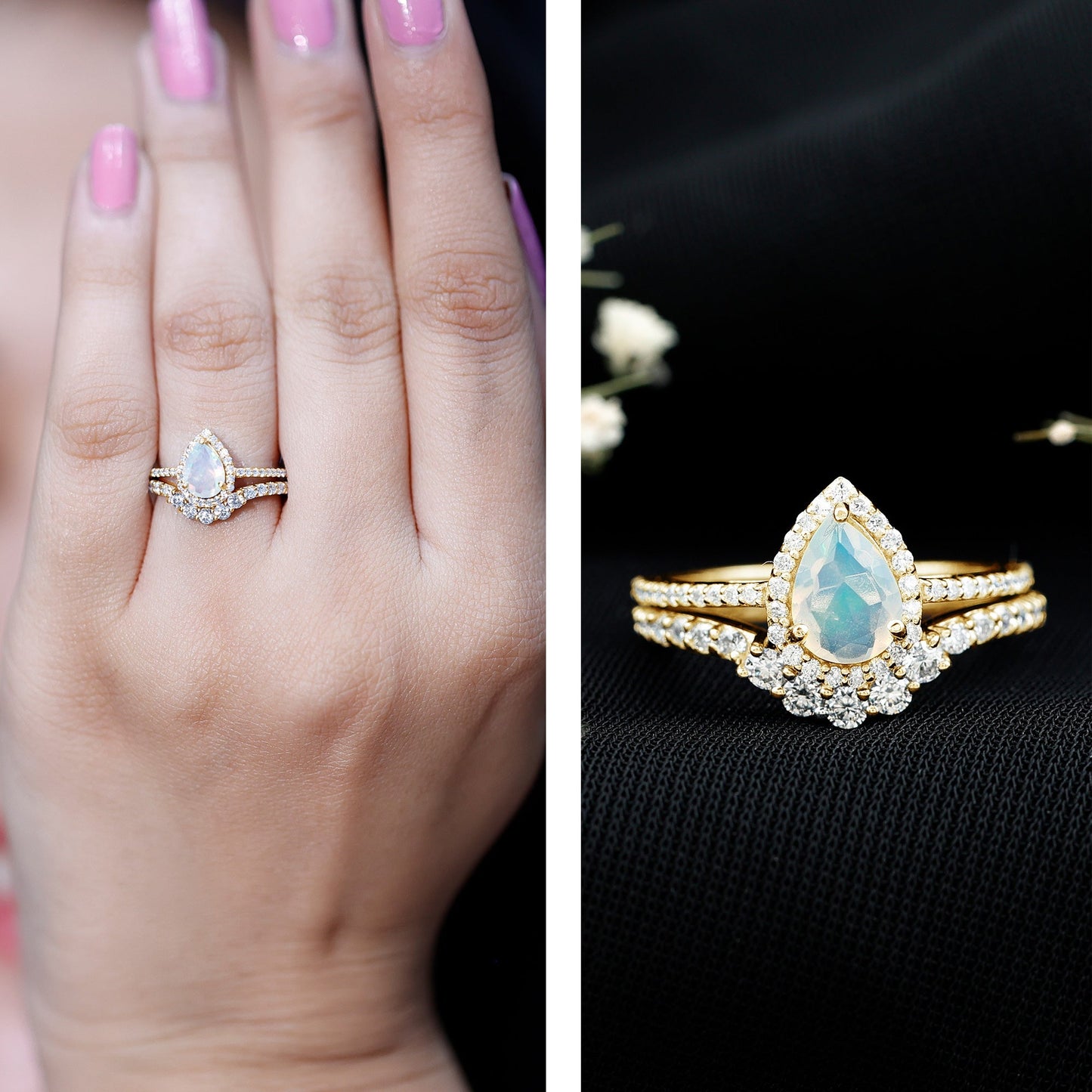 Certified 0.7 Carat Natural Ethiopian Opal Teardrop Wedding Engagement Ring Set of 2