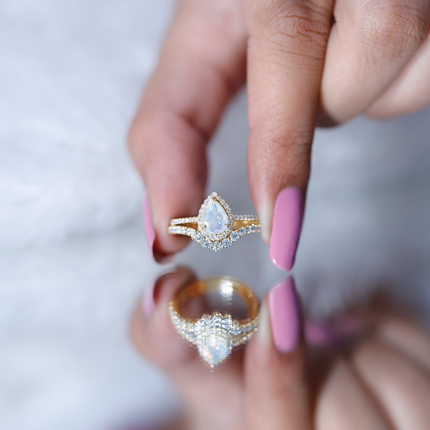 Certified 0.7 Carat Natural Ethiopian Opal Teardrop Wedding Engagement Ring Set of 2