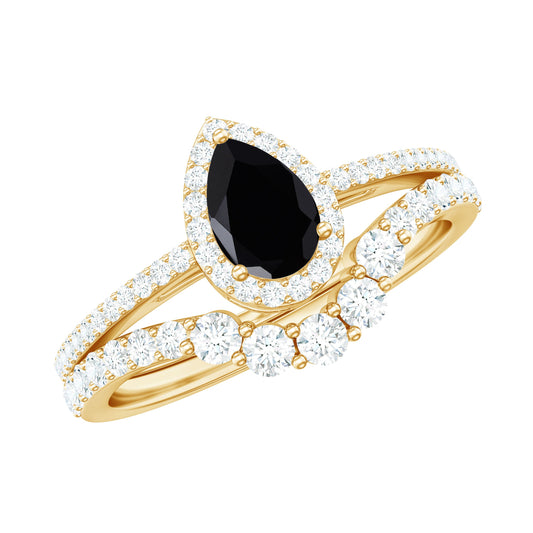 Natural Black Spinel Pear Shaped Engagement Ring with Moissanite Enhancer