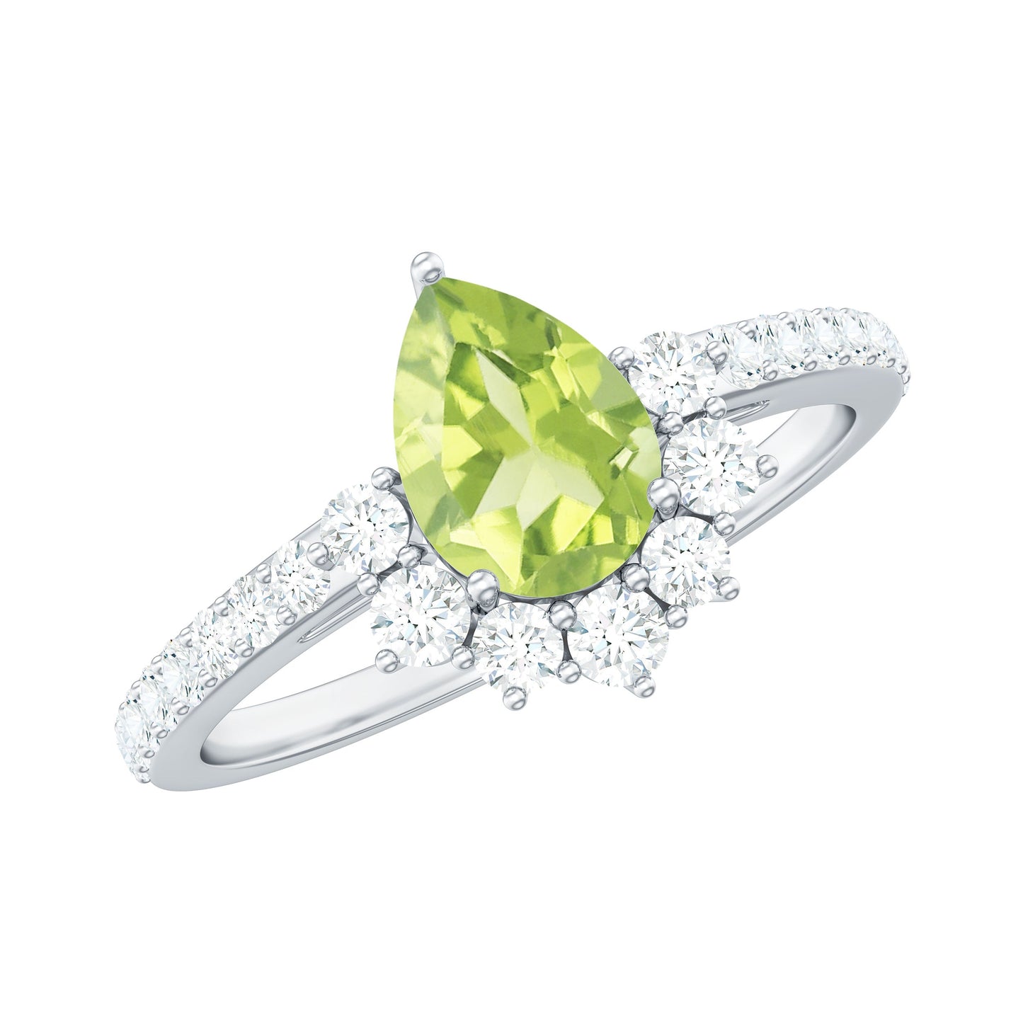 Natural 1 Carat Peridot Teardrop Engagement Ring with Diamond Half Halo