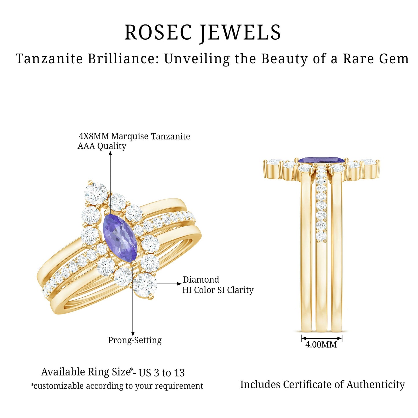 Marquise Cut Tanzanite Solitaire Ring Set with Diamond