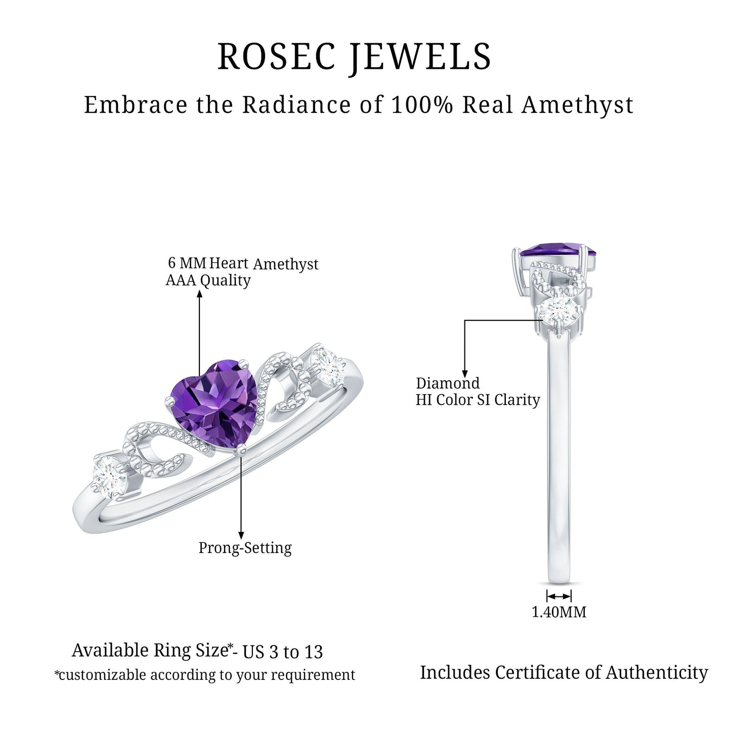 Natural 0.9 Carat Amethyst Heart Promise Ring with Diamond