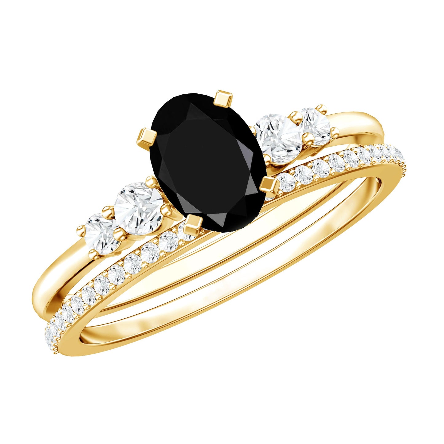 Certified Oval Lab Grown Black and White Diamond Wedding Engagement Ring Set