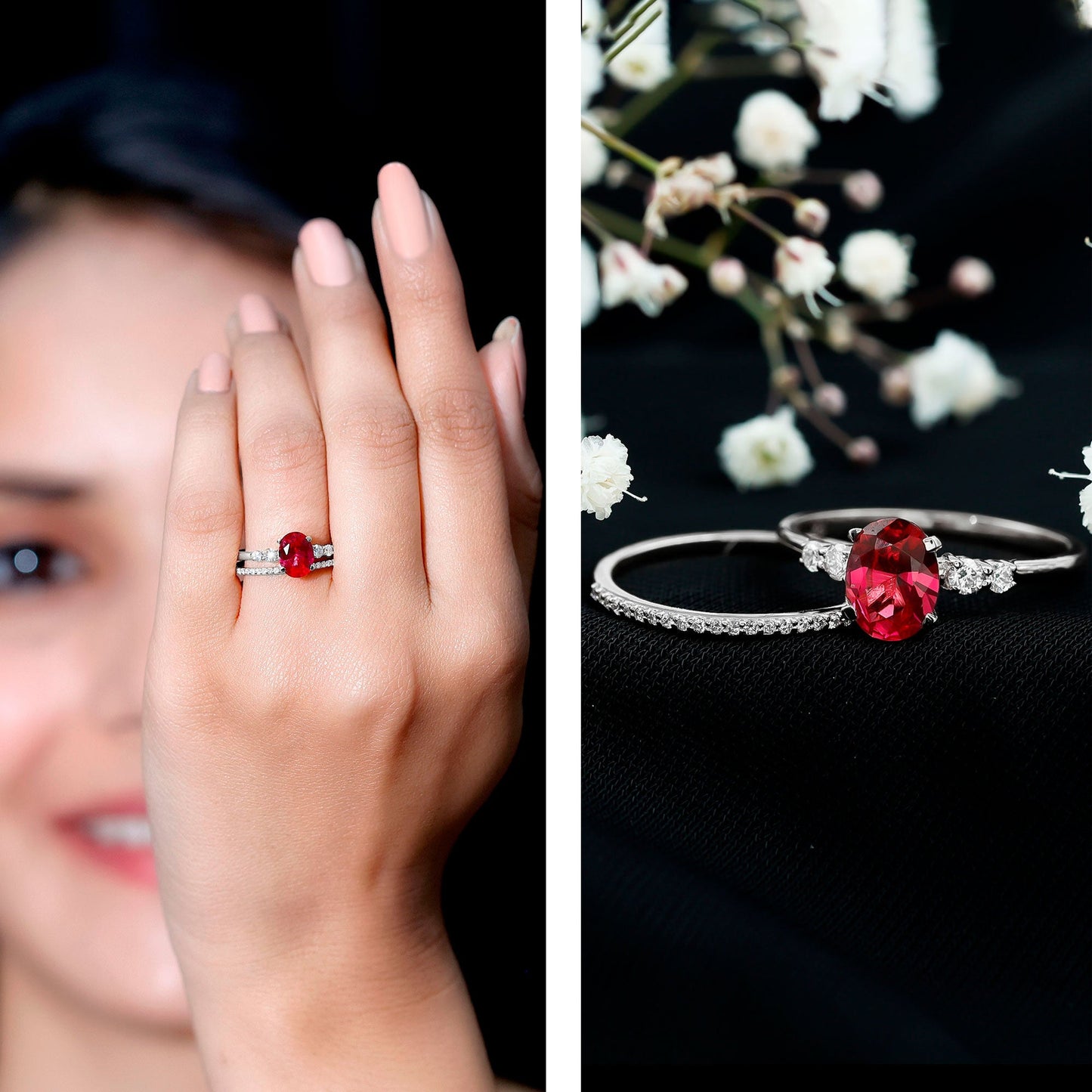1.5 Carat Oval Lab Created Ruby Solitaire Bridal Ring Set with Diamond