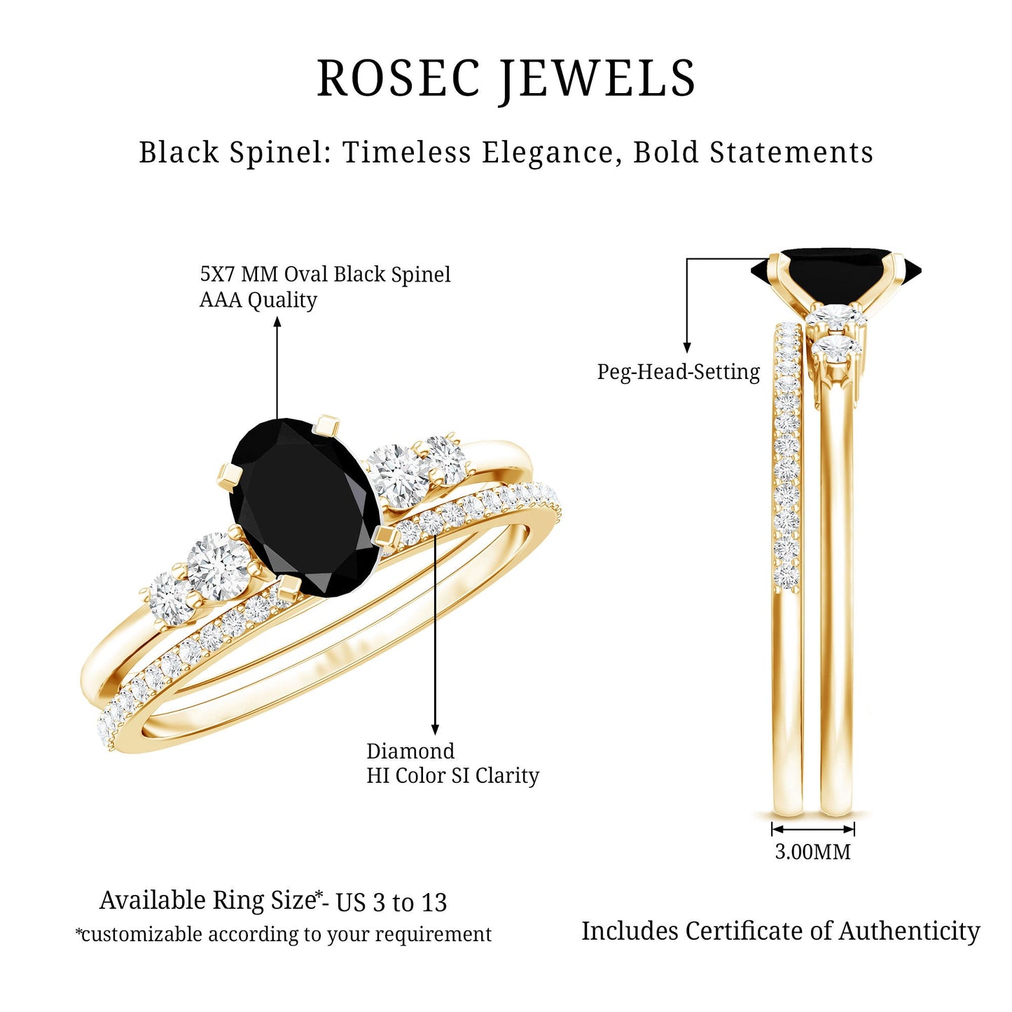 Natural 0.6 Carat Oval Shape Black Spinel Wedding Ring Set with Diamond