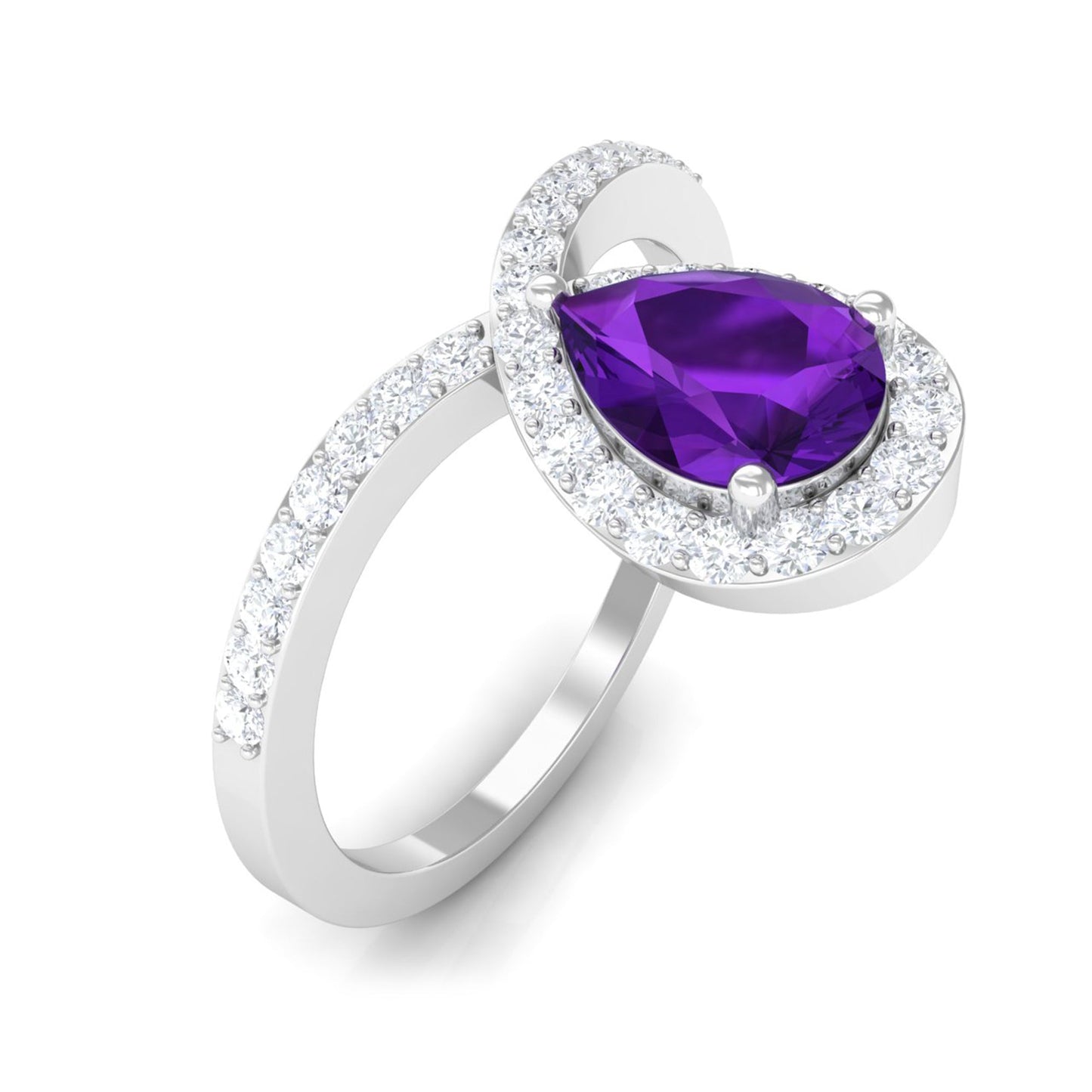Designer 1 Carat Pear Shape Amethyst Chevron Engagement Ring with Diamond