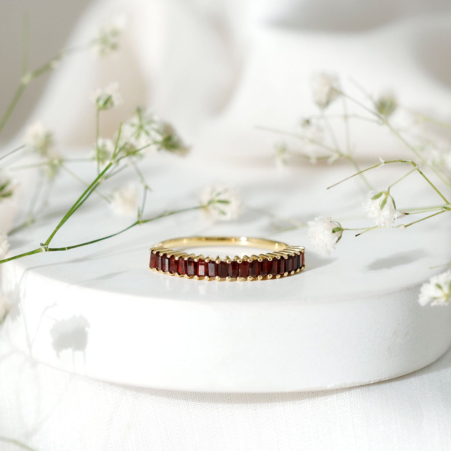 Certified Baguette Garnet Half Eternity Ring in Yellow Gold Plated Silver