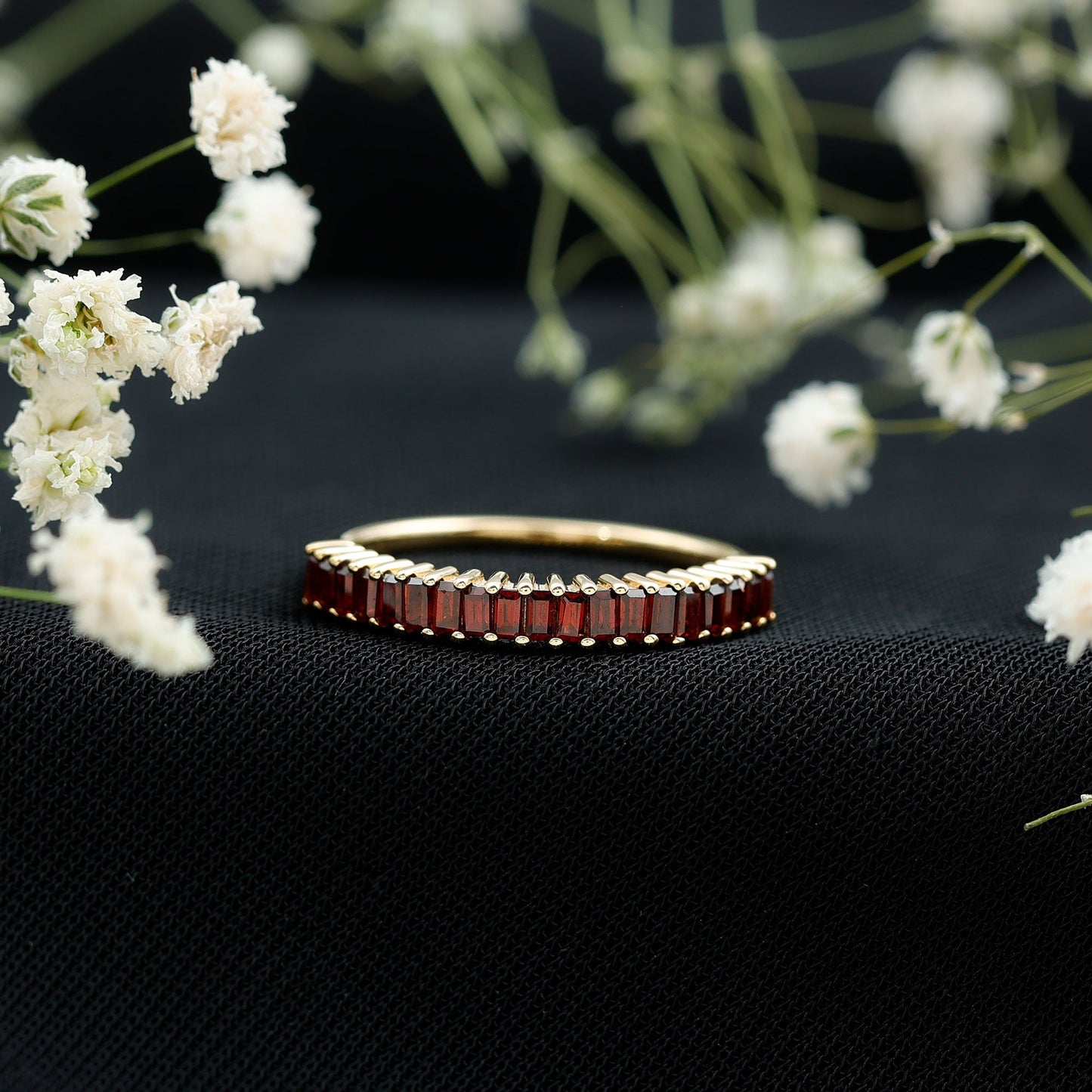 Certified Baguette Garnet Half Eternity Ring in Yellow Gold Plated Silver