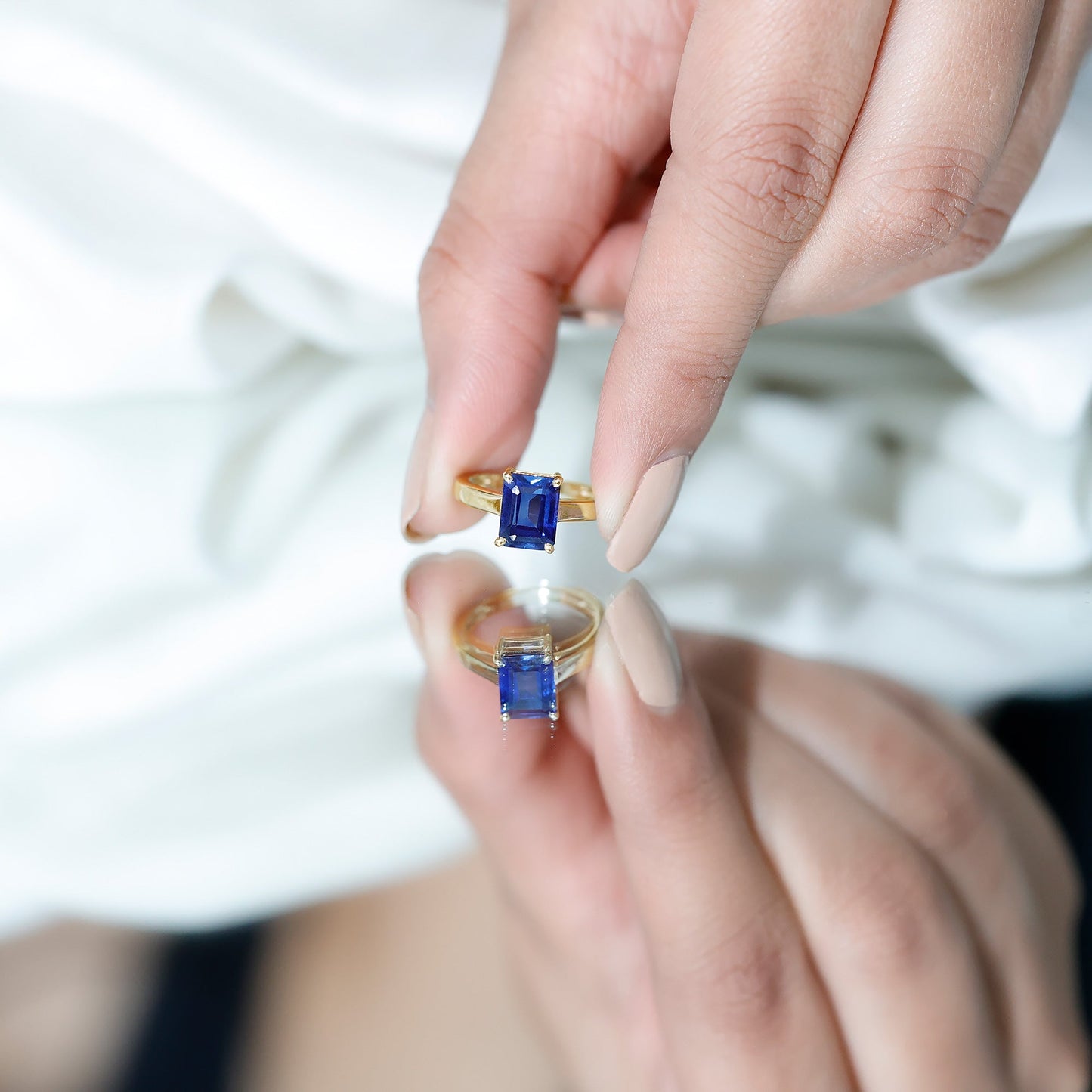 6X8 mm Emerald Cut Lab Created Blue Sapphire Solitaire Engagement Ring