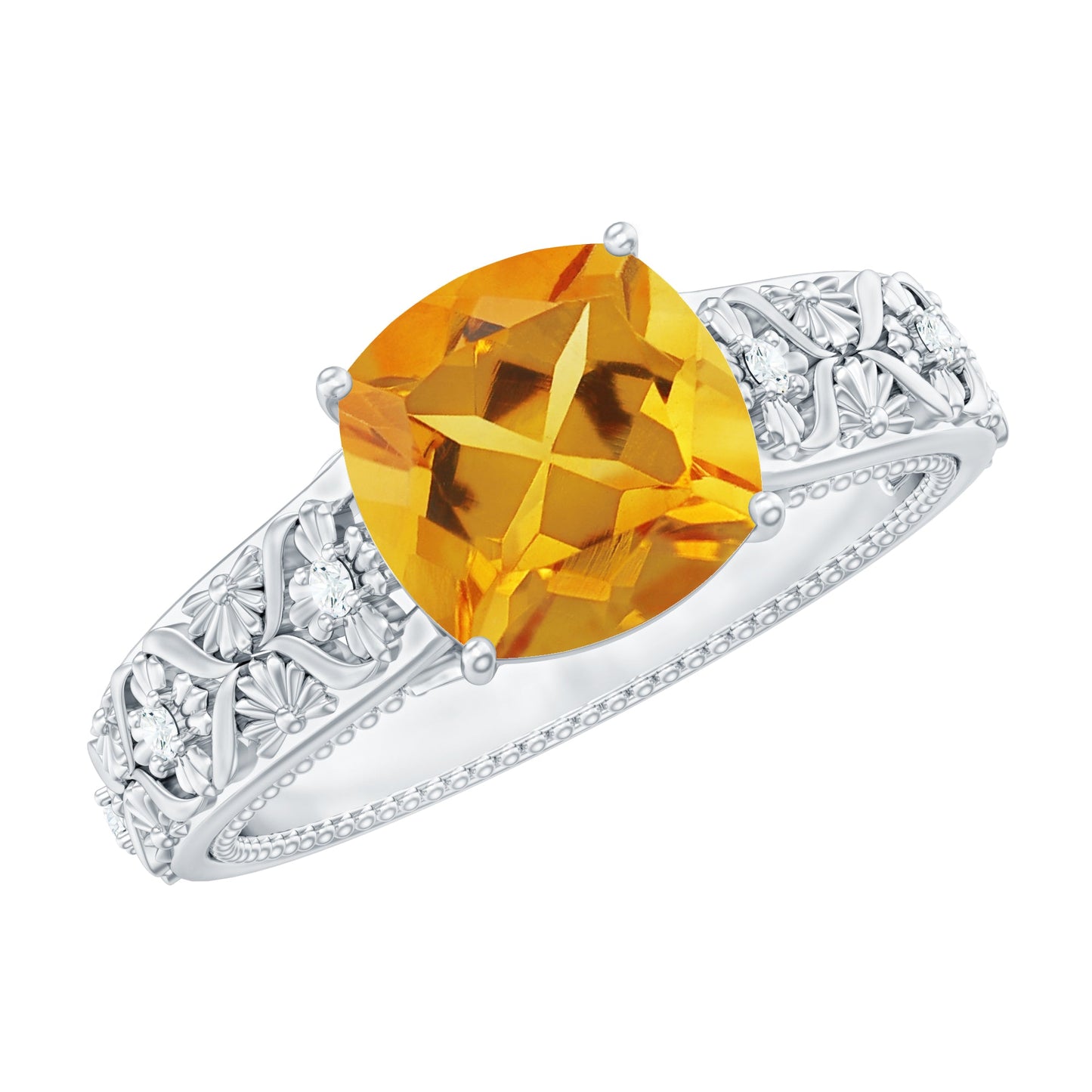 Vintage Style 8mm Citrine Cushion Cut Engagement Ring with Diamond