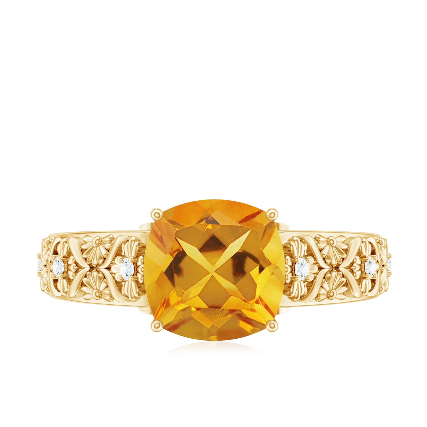 Vintage Style 8mm Citrine Cushion Cut Engagement Ring with Diamond
