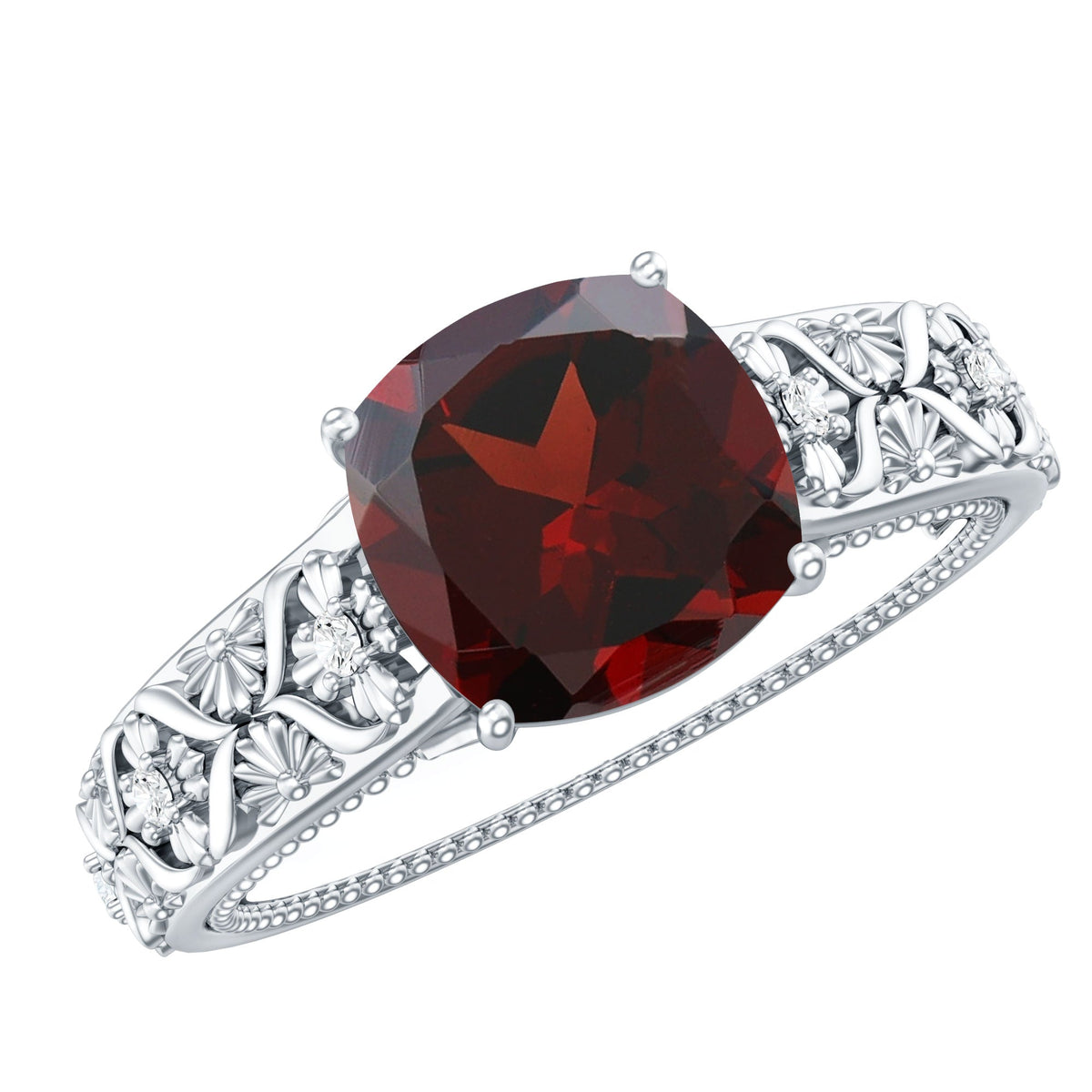 Nature Inspired 3.2 Carat Garnet Cushion Cut Engagement Ring with Diamond