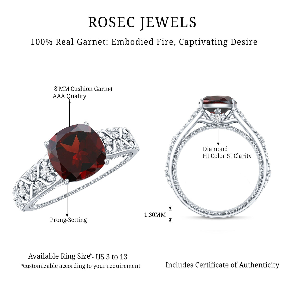 Nature Inspired 3.2 Carat Garnet Cushion Cut Engagement Ring with Diamond
