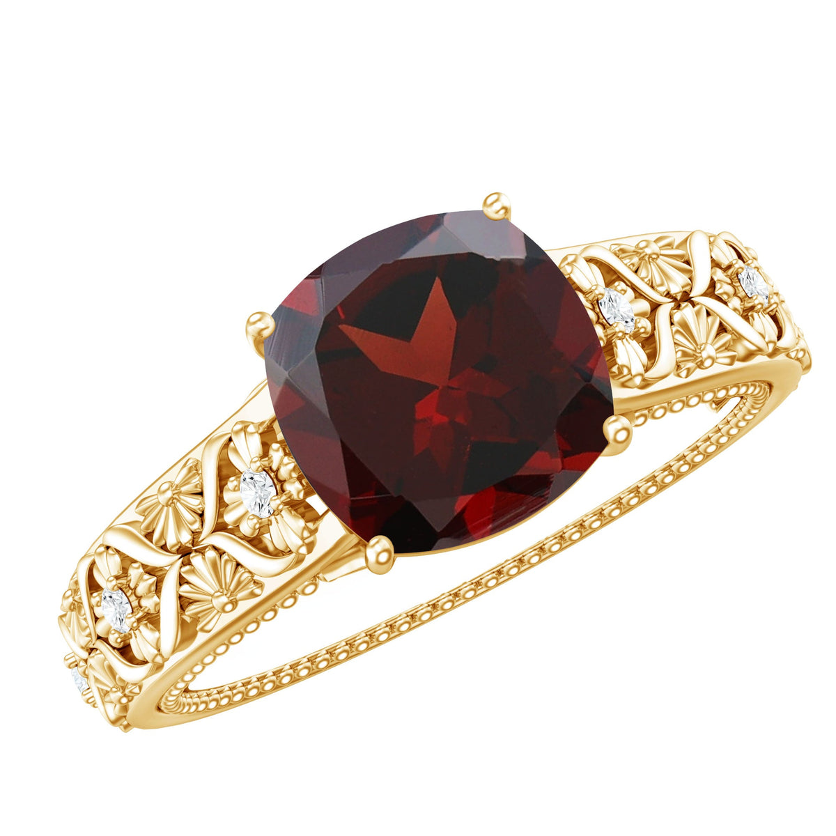 Nature Inspired 3.2 Carat Garnet Cushion Cut Engagement Ring with Diamond