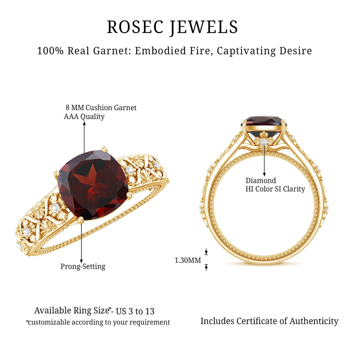 Nature Inspired 3.2 Carat Garnet Cushion Cut Engagement Ring with Diamond