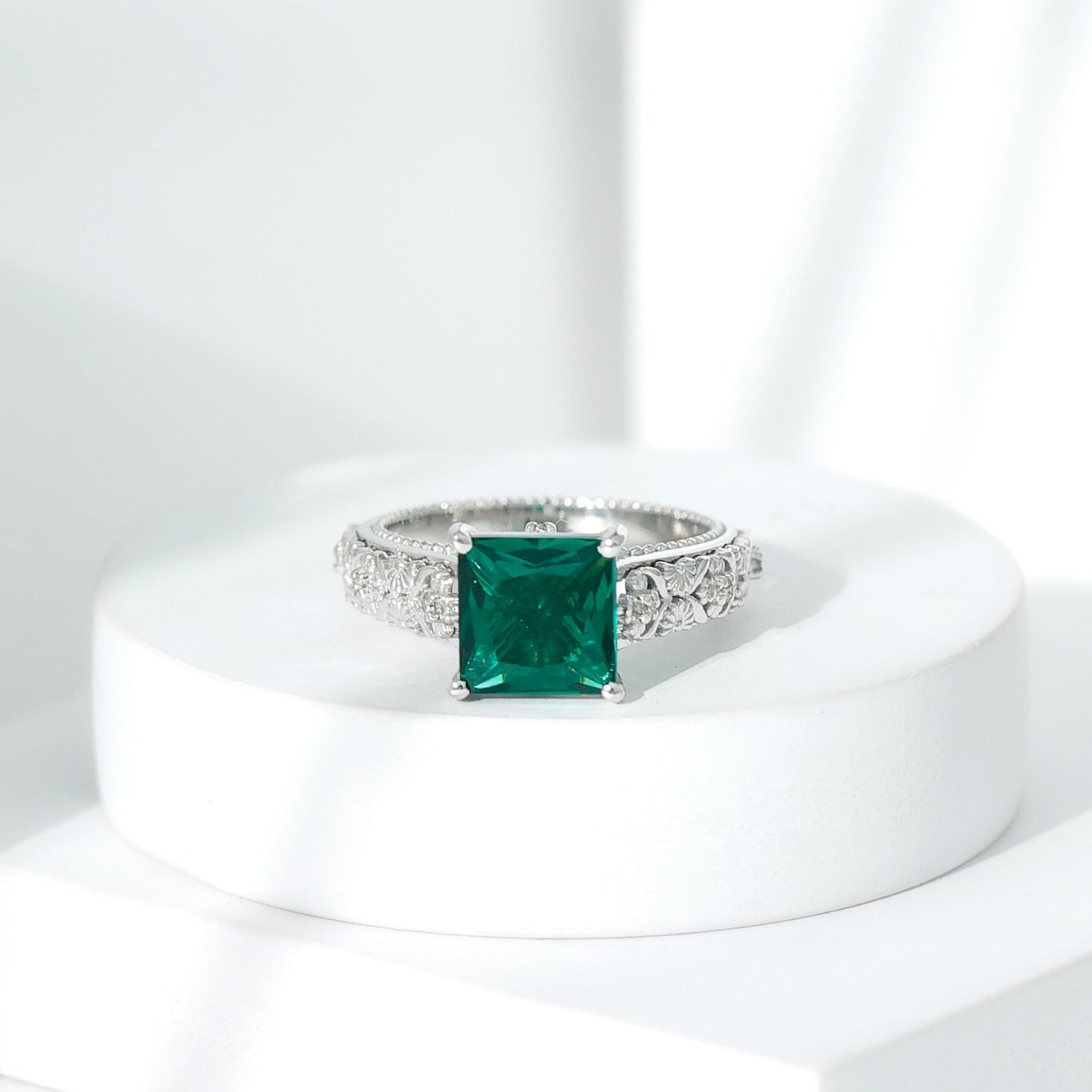 Princess Cut Lab Grown Emerald Solitaire Engagement Ring with Diamond