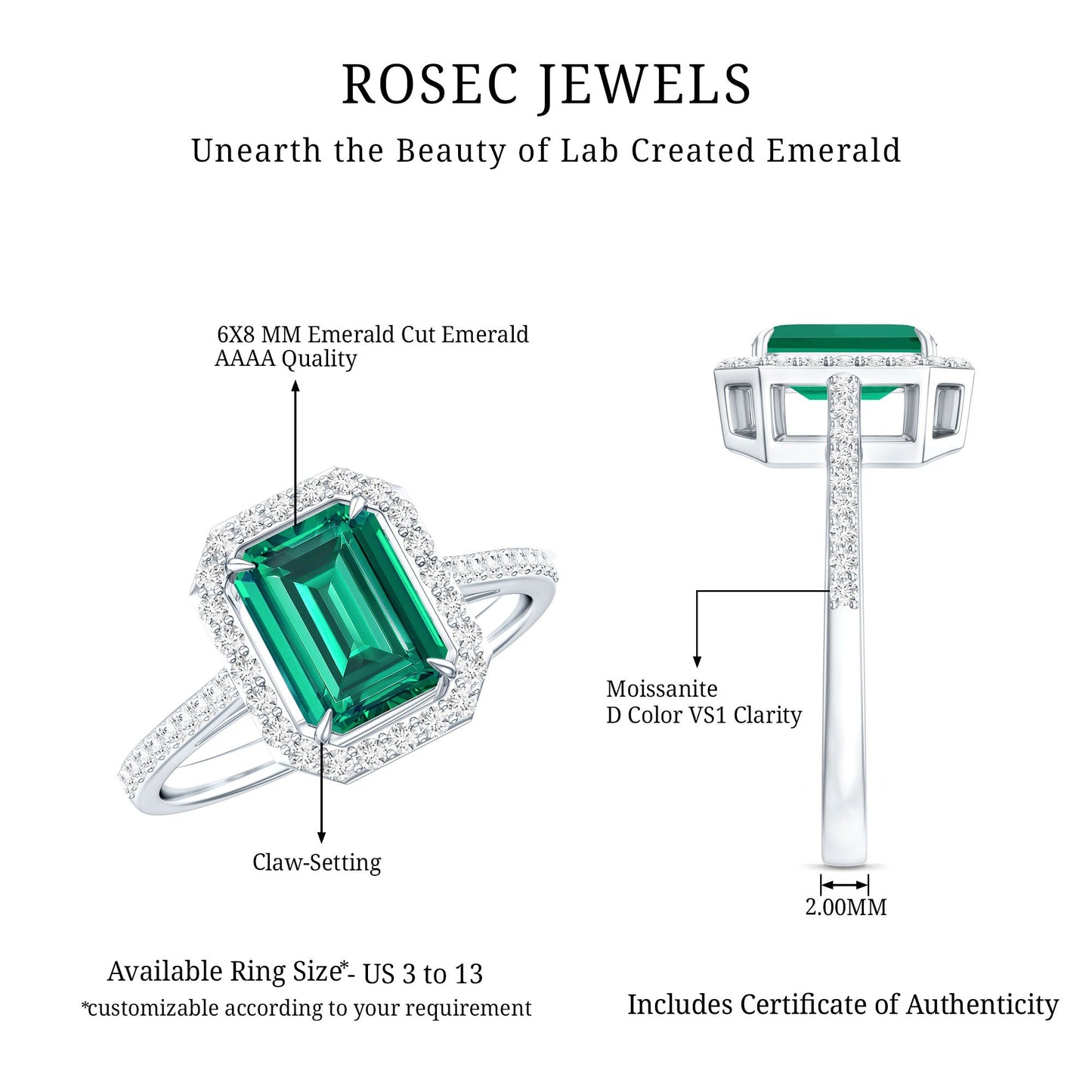 1.6 Carat Emerald Cut Lab Created Emerald Engagement Ring With Moissanite Halo