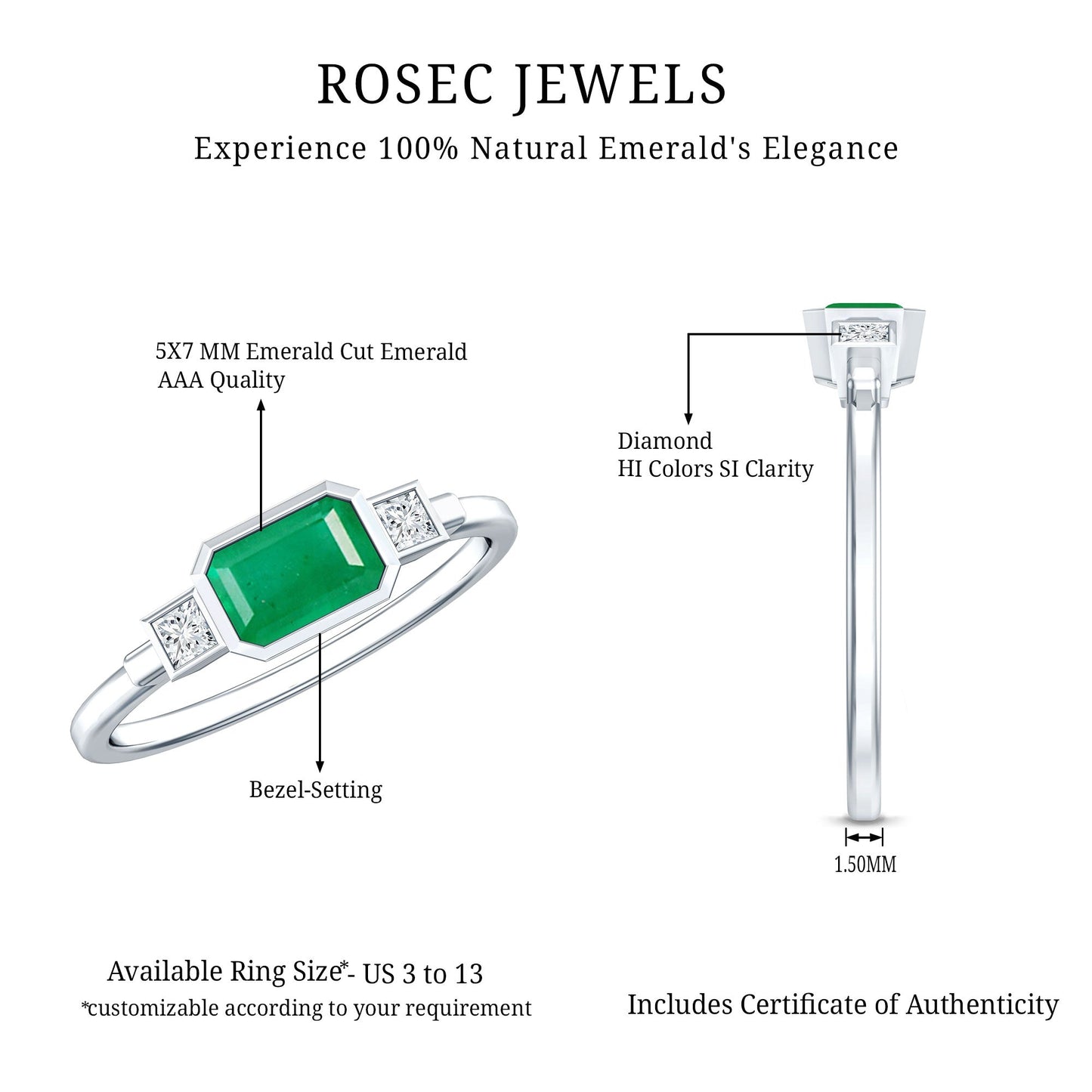 Octagon shape Emerald and Diamond East-West Promise Ring in Bezel Setting