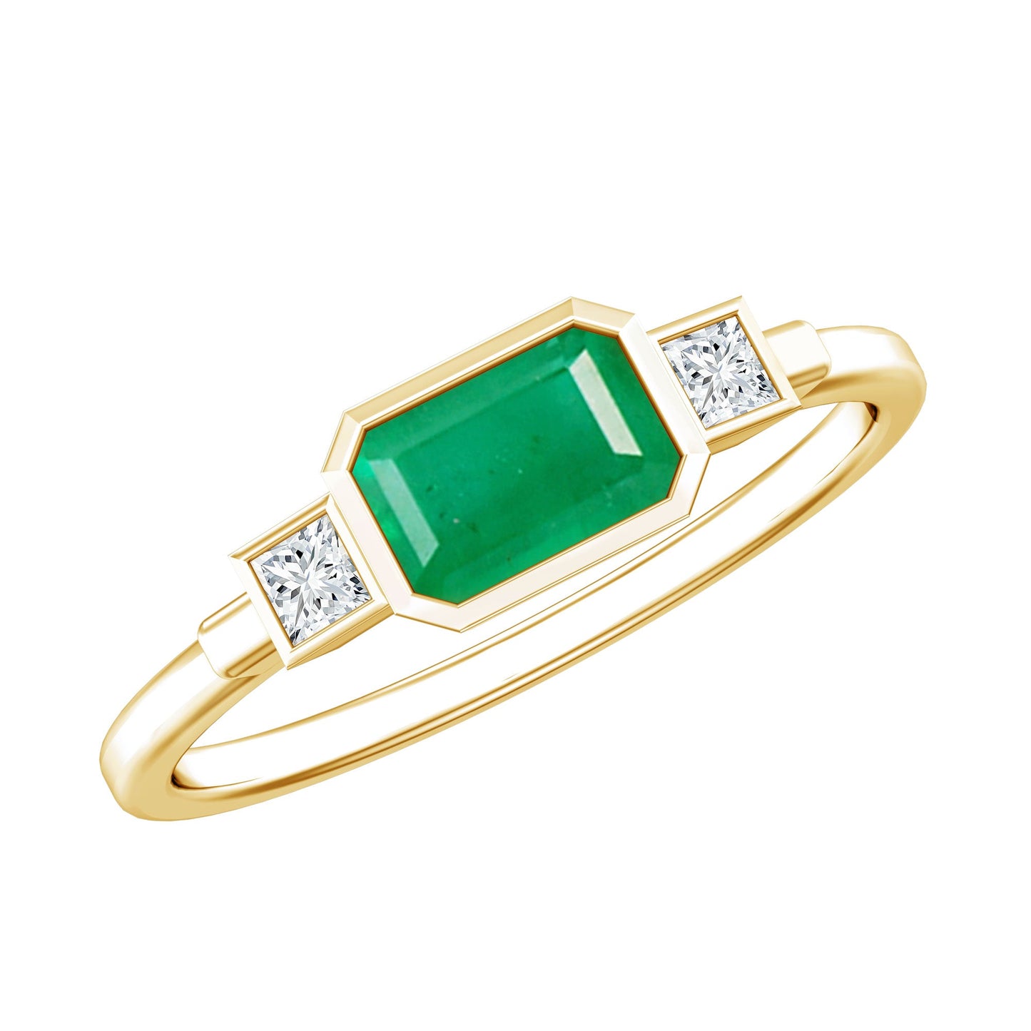 Octagon shape Emerald and Diamond East-West Promise Ring in Bezel Setting