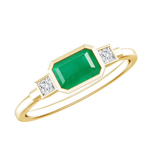 Octagon shape Emerald and Diamond East-West Promise Ring in Bezel Setting