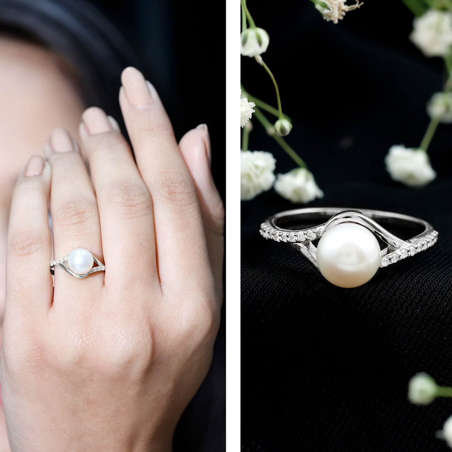 Cultured 7.4 Carat Freshwater Pearl Engagement Ring with Diamond Split Shank