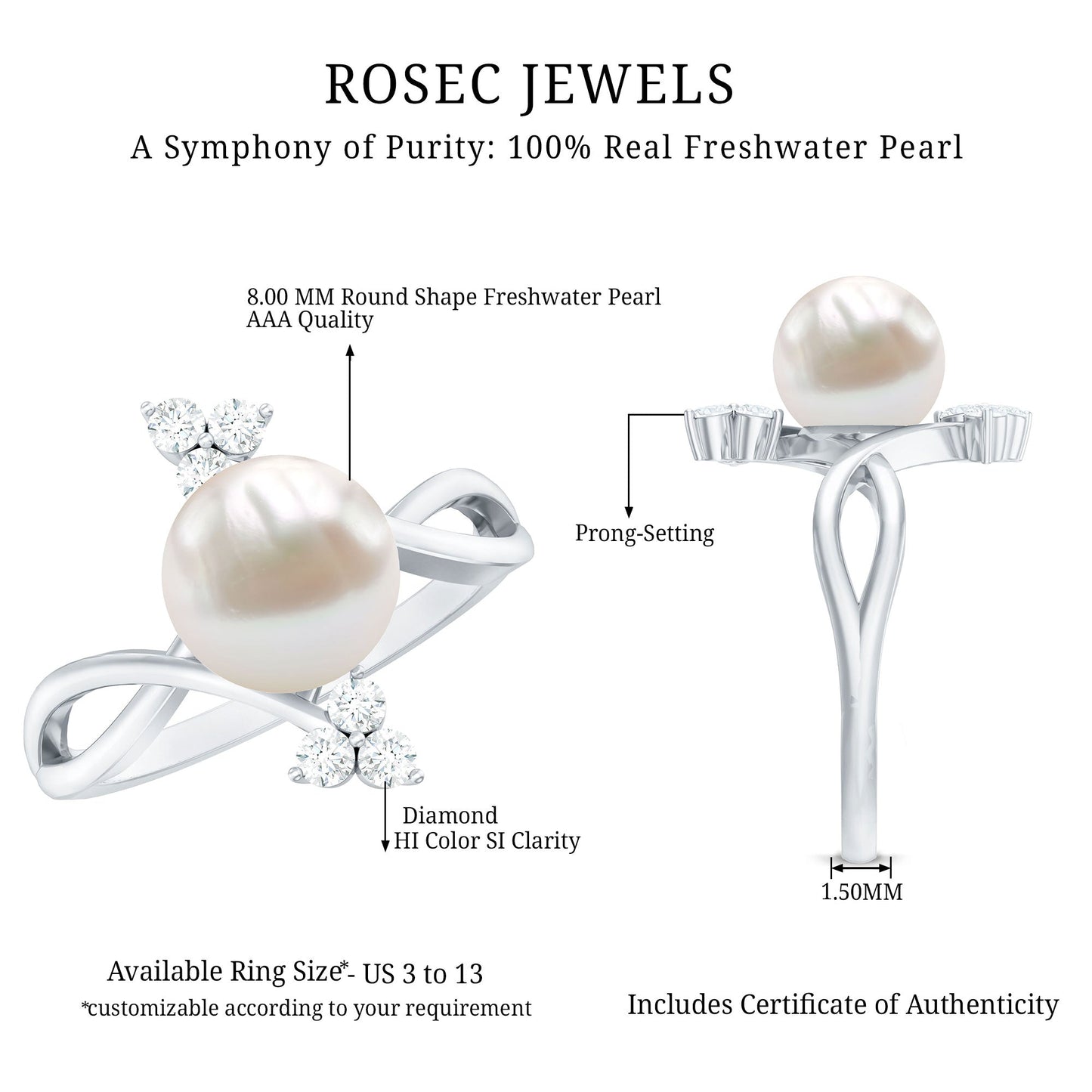 Cultured 7.48 Carat White Pearl Bypass Engagement Ring with Diamond