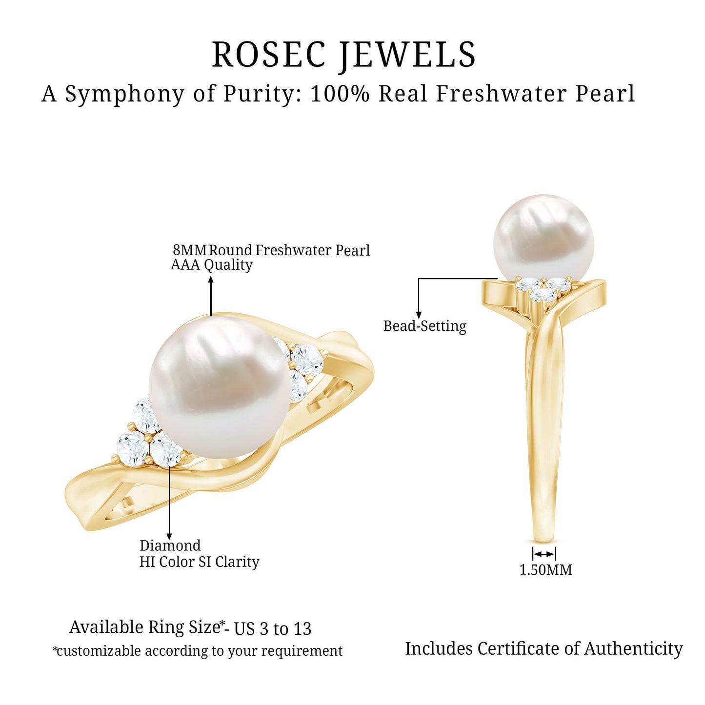 Natural 7.4 Carat Freshwater Pearl Engagement Ring with Diamond Trio