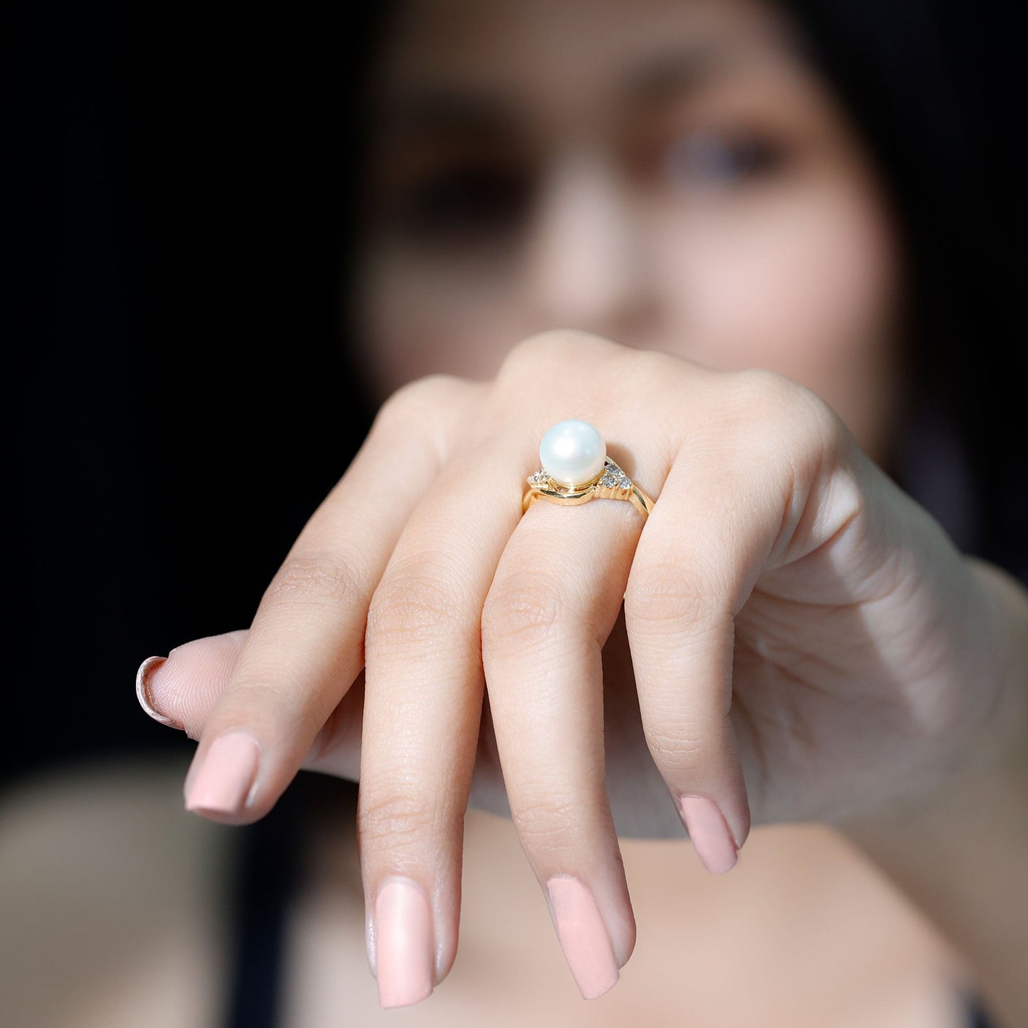 Natural 7.4 Carat Freshwater Pearl Engagement Ring with Diamond Trio