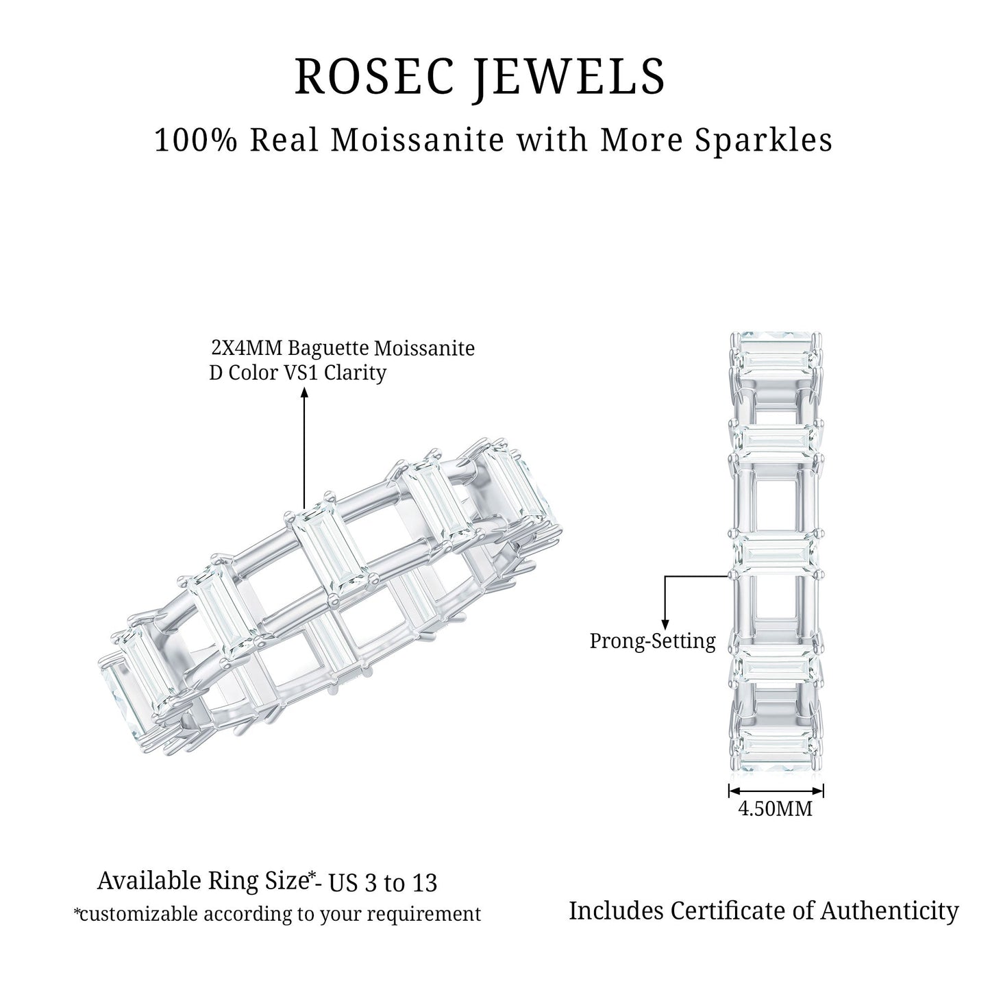 Moissanite Baguette Wedding Band with Certificate